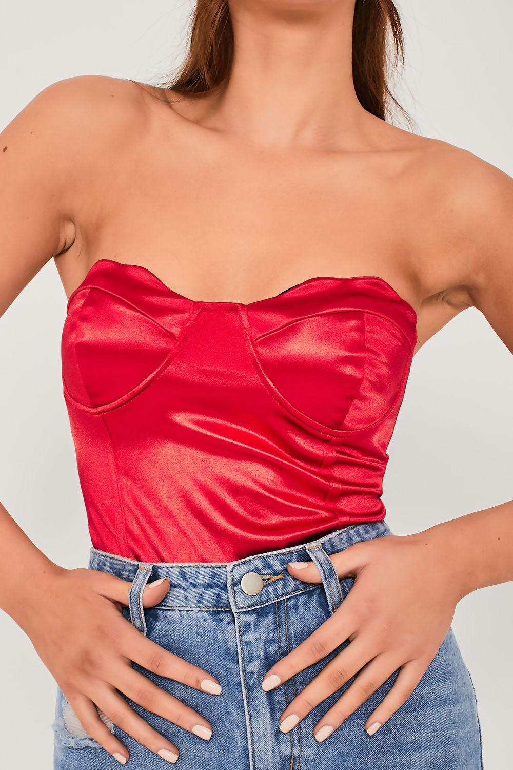 Saint Genies Josephine Red Scallop Cup Stretch Satin Underwired Thong Bodysuit