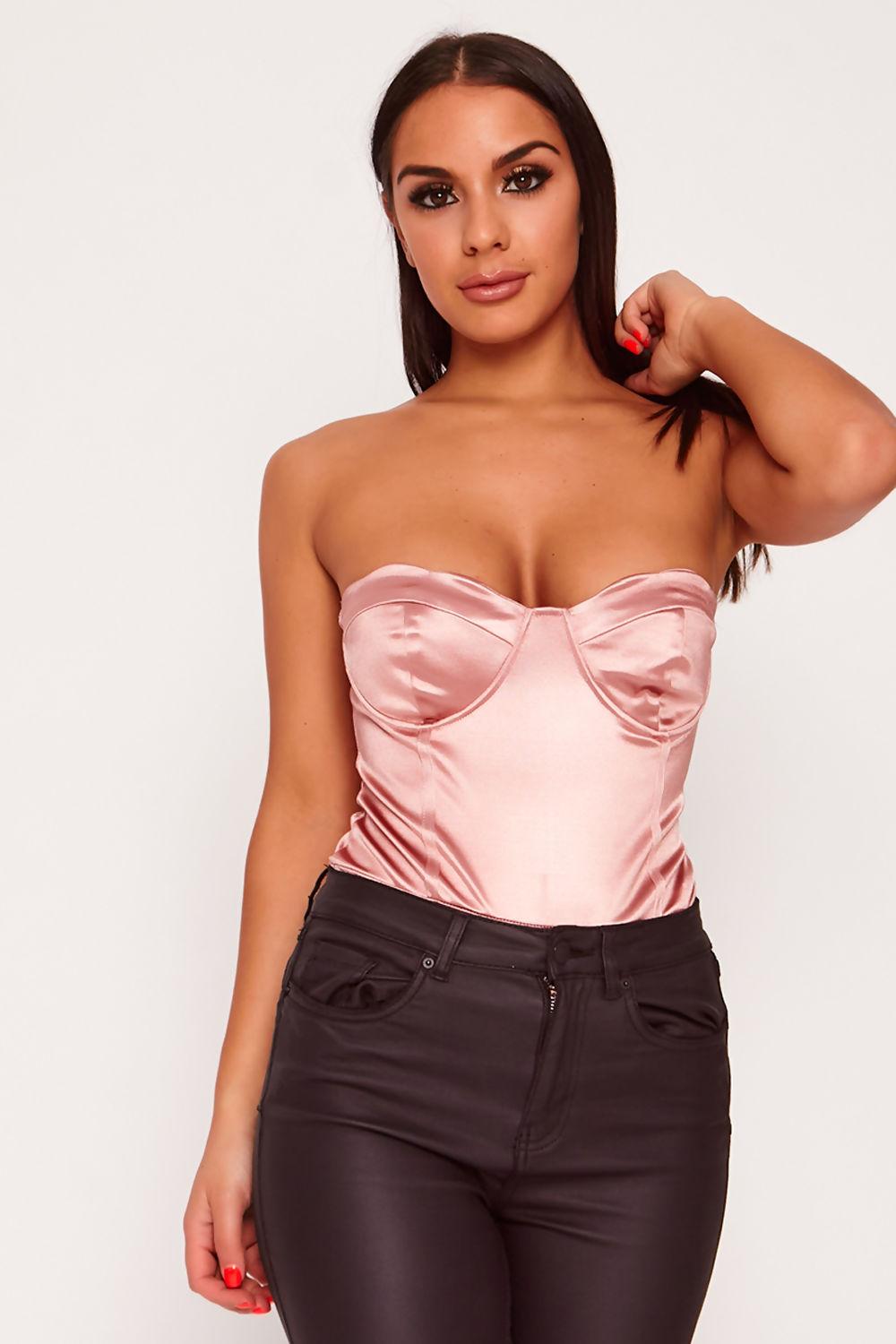 Saint Genies Josephine Rose Pink Stretch Satin Scalloped Cup Underwired Bodysuit