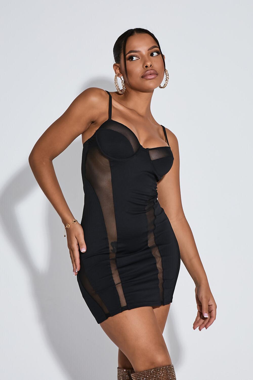 Saint Genies Kadee Black Mesh Pannel Bodycon Mini Dress