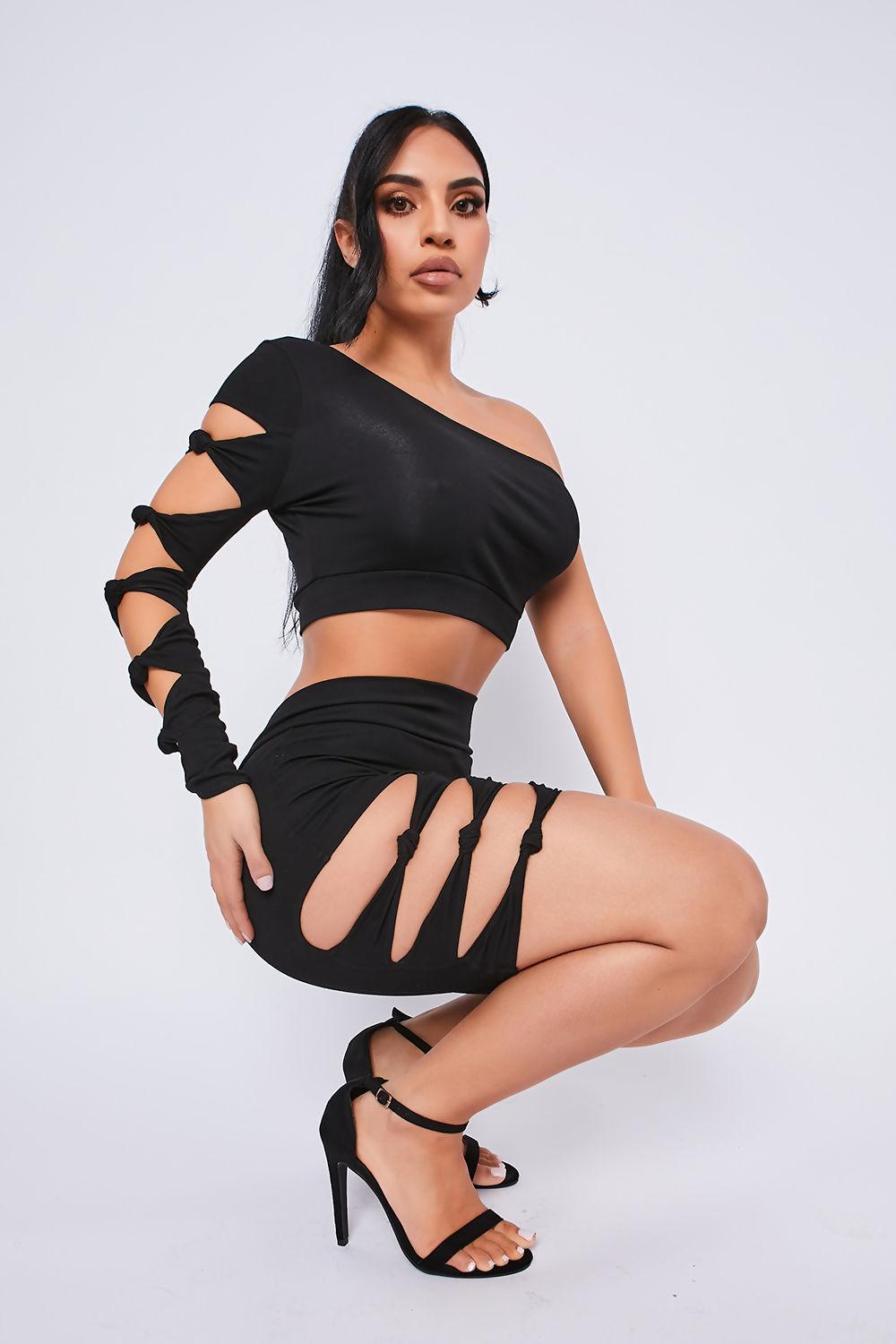 Saint Genies Kady Black Knot Sleeve One Shoulder Crop Top