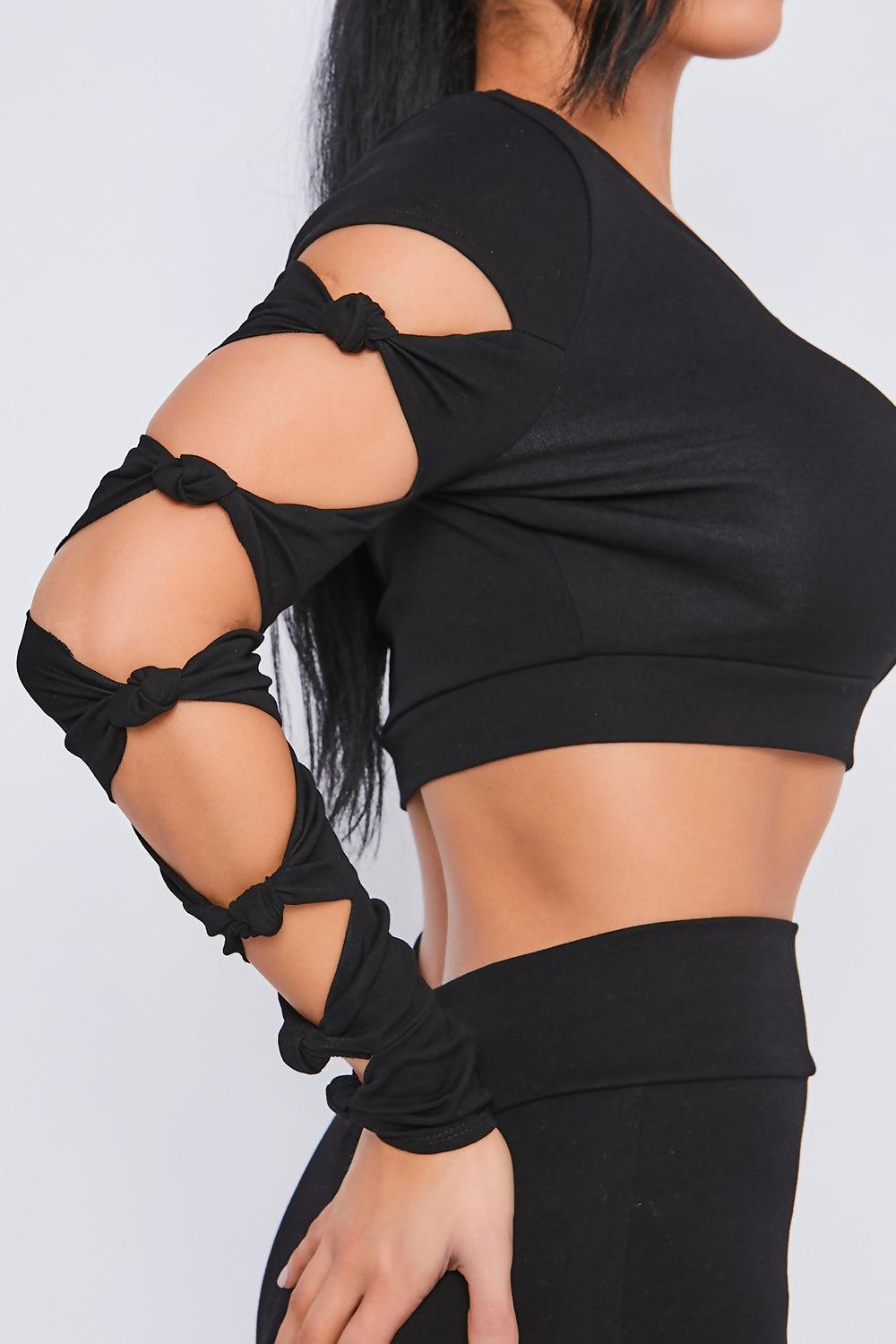 Saint Genies Kady Black Knot Sleeve One Shoulder Crop Top