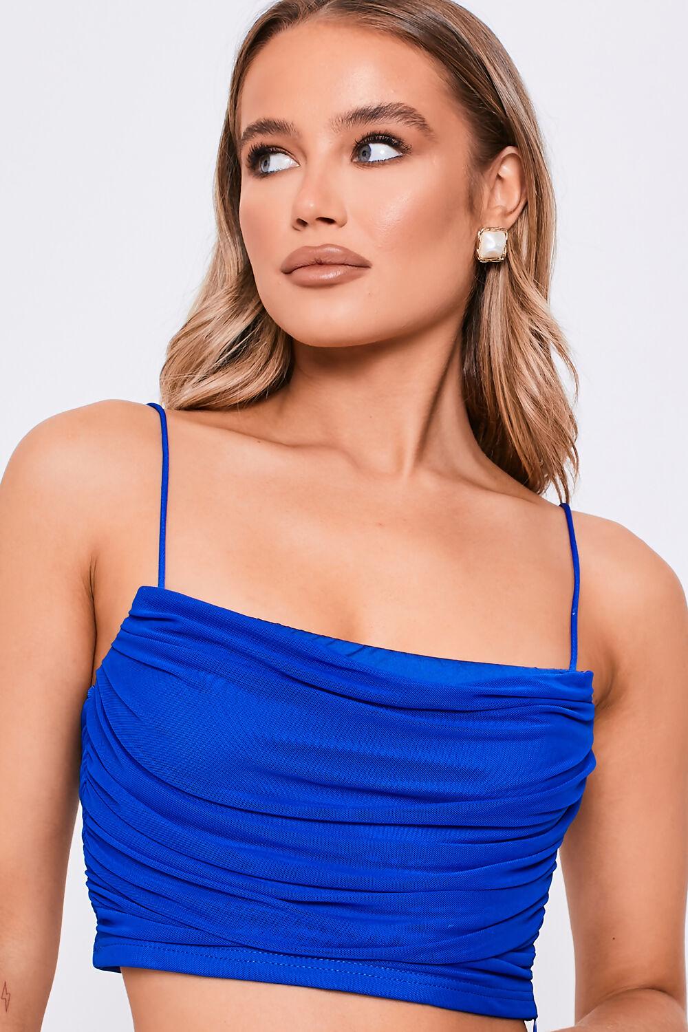 Saint Genies Karen Cobalt Square Neck Strappy Ruched Crop Top
