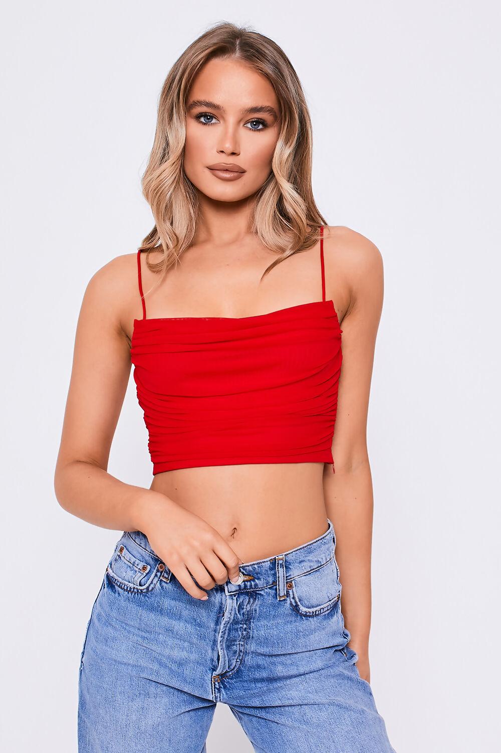 saint genies Karen Red Square Neck Strappy Ruched Crop Top