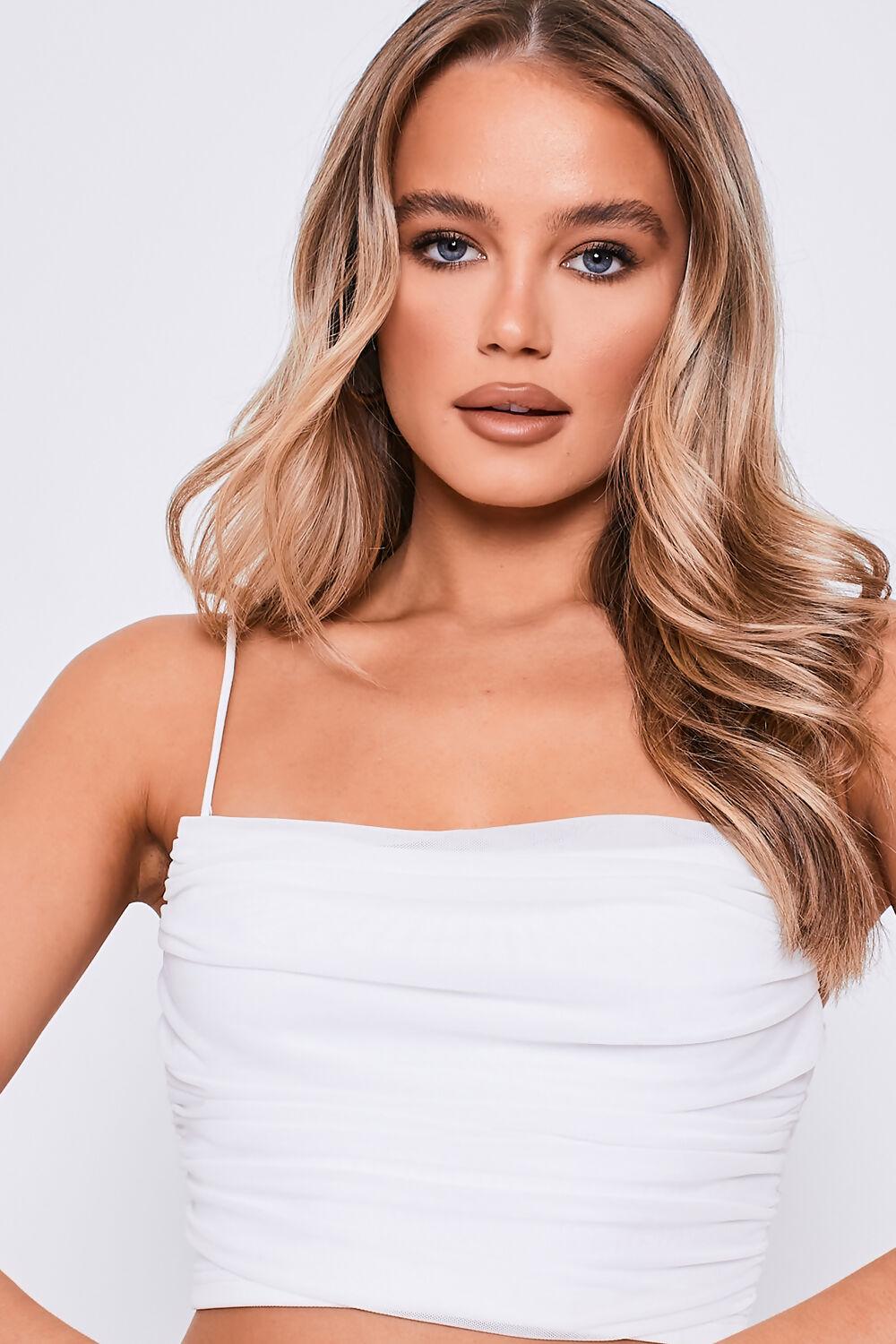 Saint Genies Karen White Square Neck Strappy Ruched Crop Top