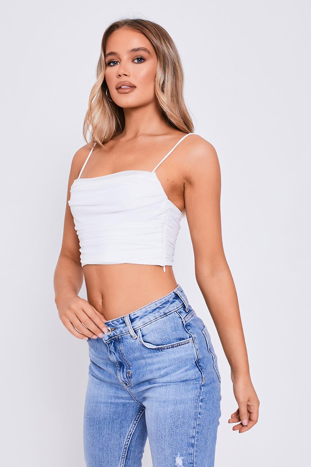Saint Genies Karen White Square Neck Strappy Ruched Crop Top