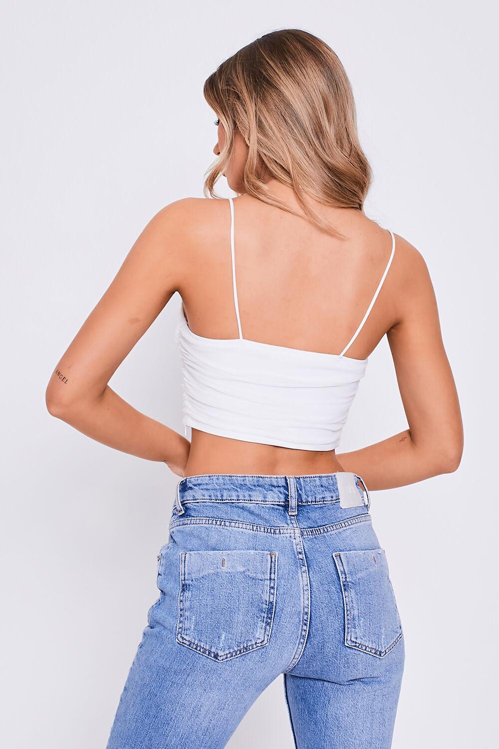 Saint Genies Karen White Square Neck Strappy Ruched Crop Top