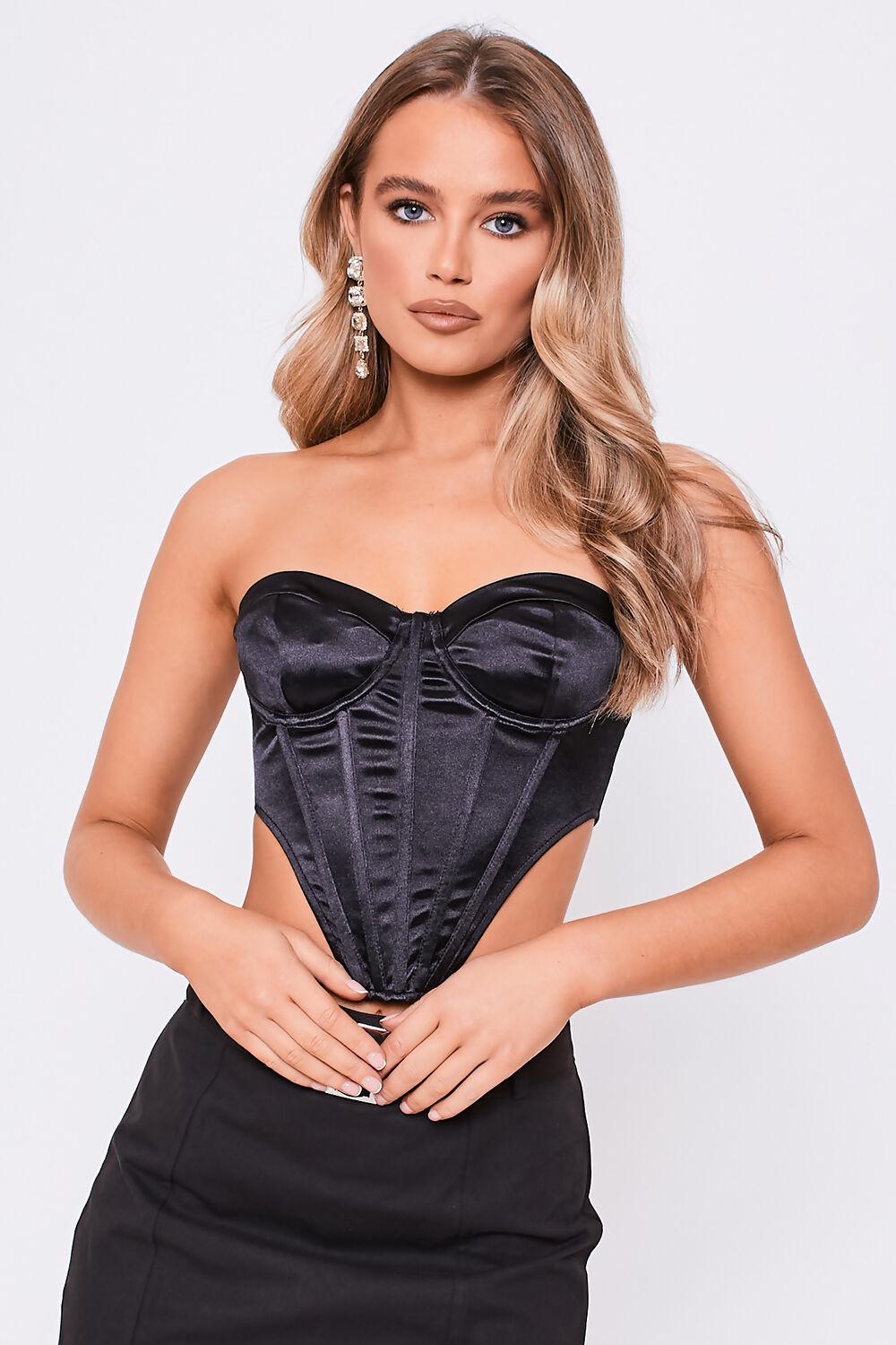 saint genies Katherine Black Satin Boned Strapless Corset Top