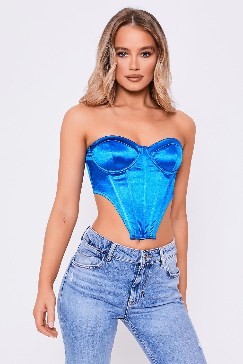 saint genies Katherine Cobalt Blue Satin Boned Strapless Corset Top