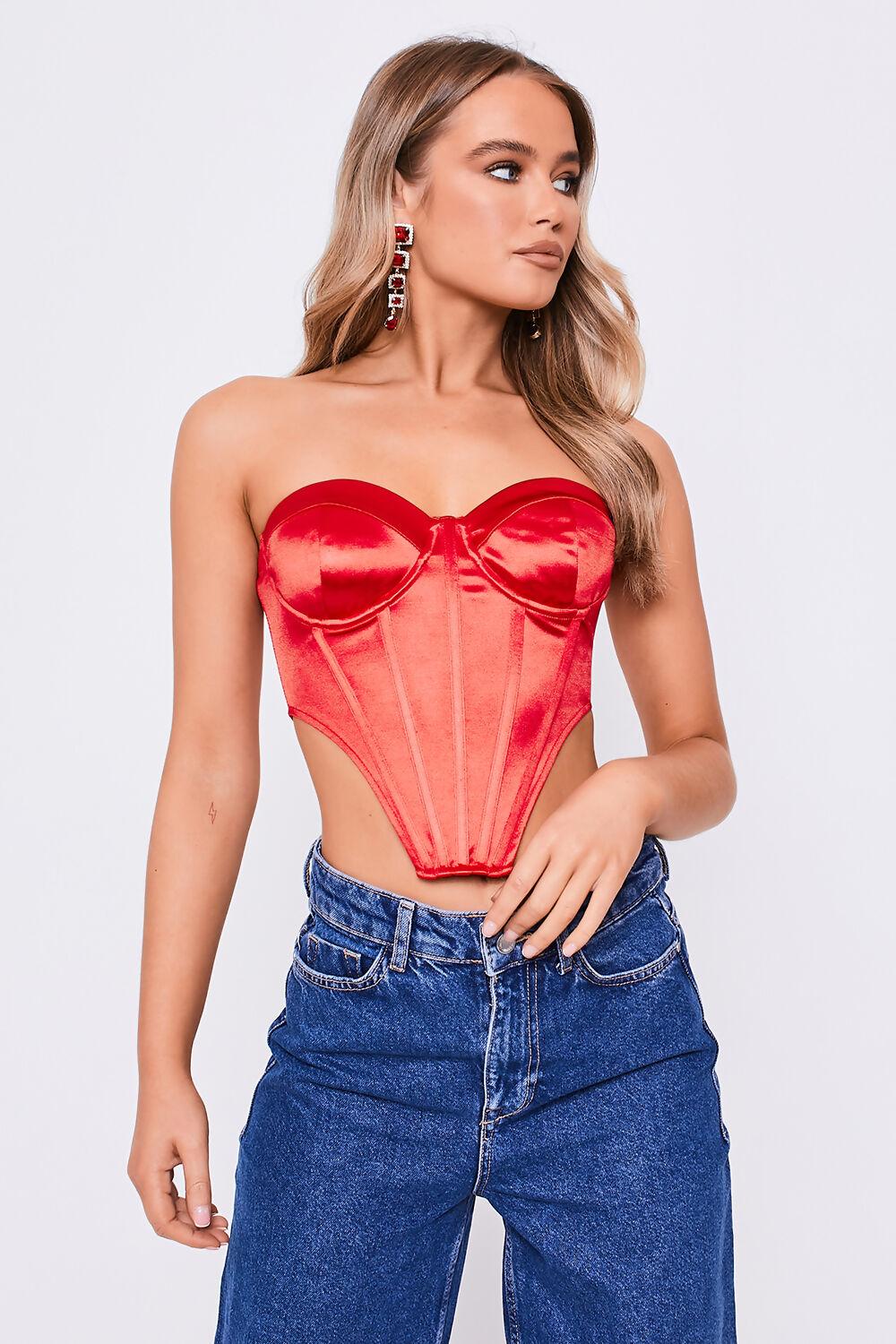 saint genies Katherine Red Satin Boned Strapless Corset Top