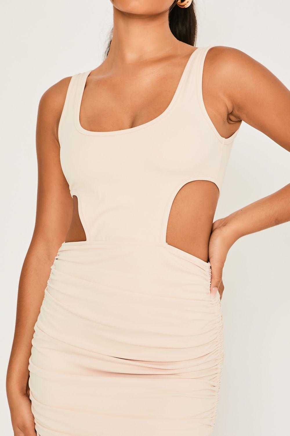 Saint Genies Katie Ecru Scoop Neck Drawstring Ruched Mini Dress With Cut Out Details