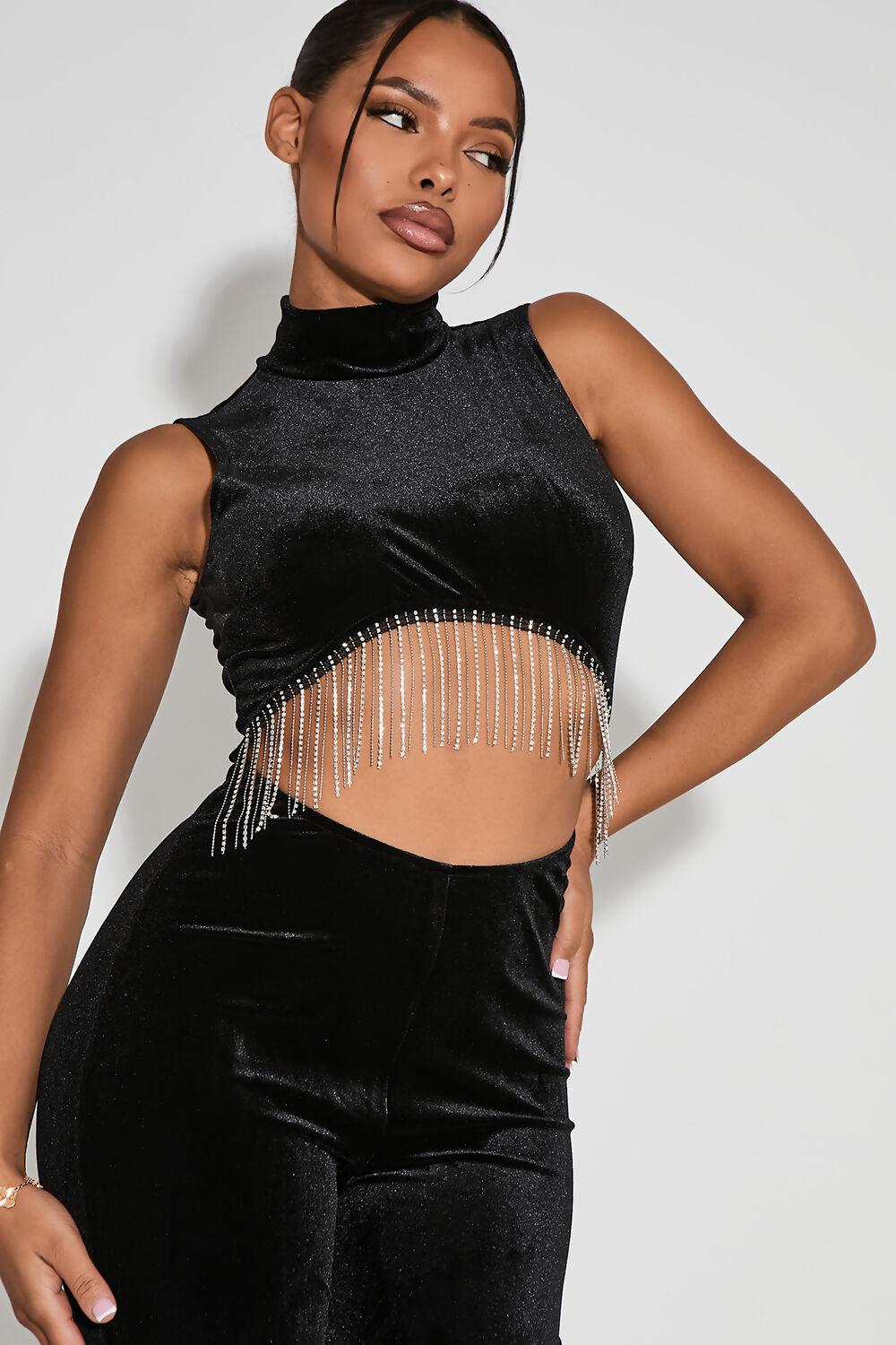 Saint Genies Kayla Black Diamante Fringe Flared Leg Jumpsuit