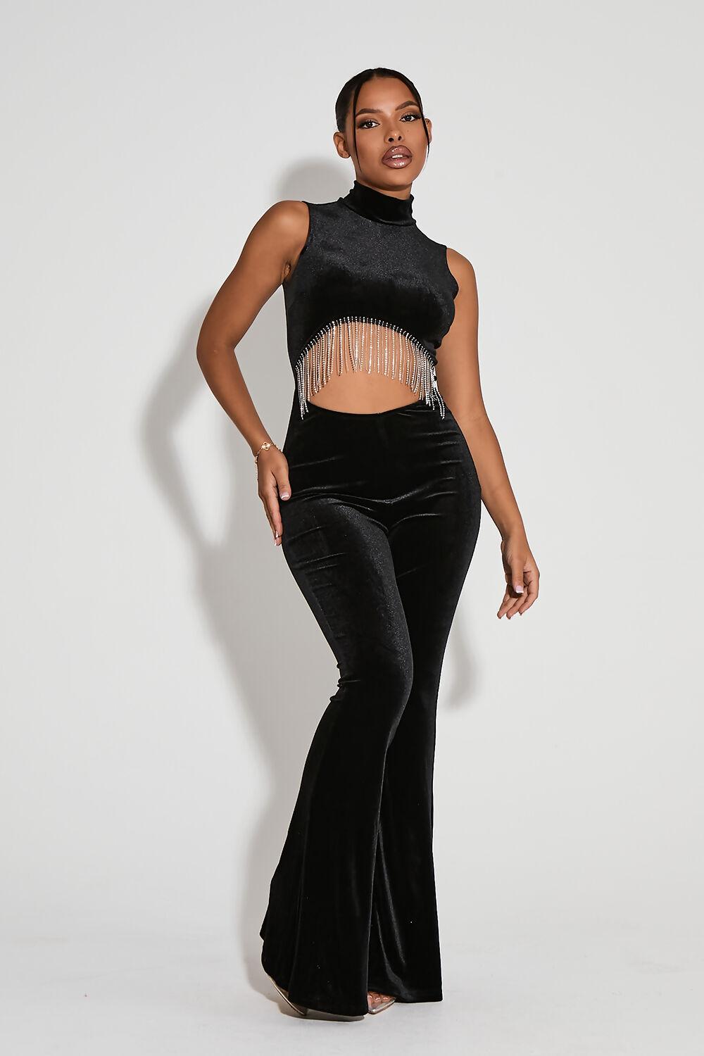saint genies Kayla Black Diamante Fringe Flared Leg Jumpsuit