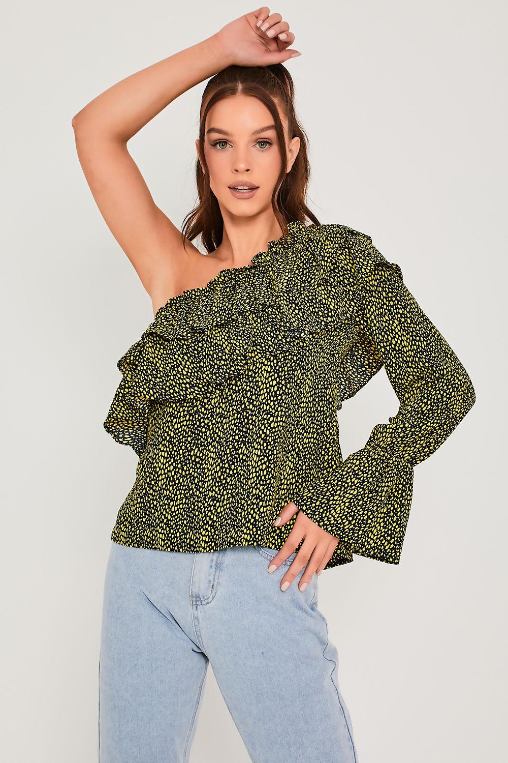Saint Genies Kayleigh Neon Leopard One Shoulder Shirt Top