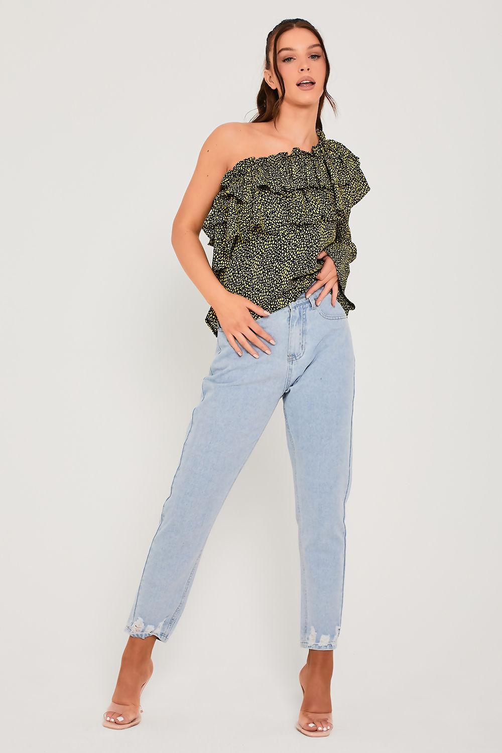 saint genies Kayleigh Neon Leopard One Shoulder Shirt Top