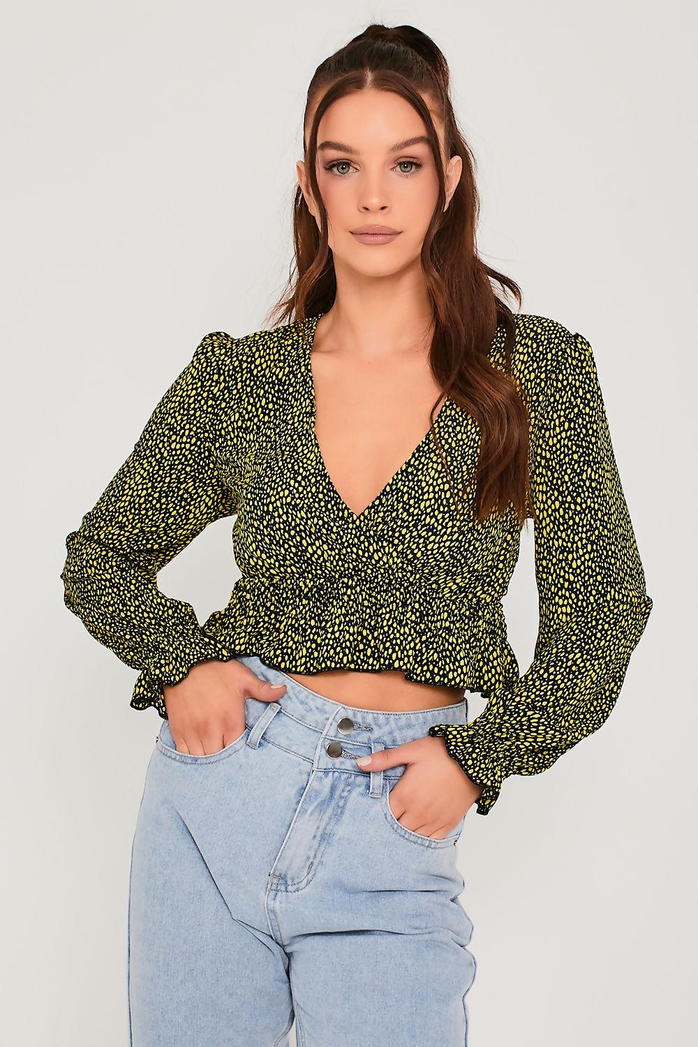 Saint Genies Kayleigh Neon Leopard Shirring Elastic Wrap Blouse