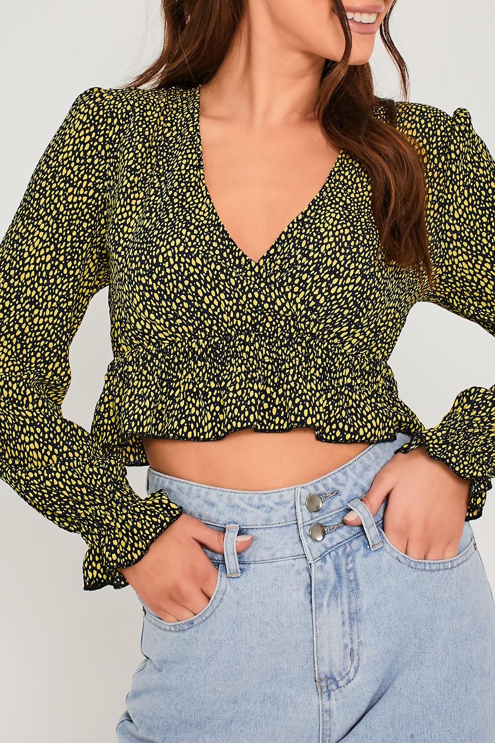 Saint Genies Kayleigh Neon Leopard Shirring Elastic Wrap Blouse
