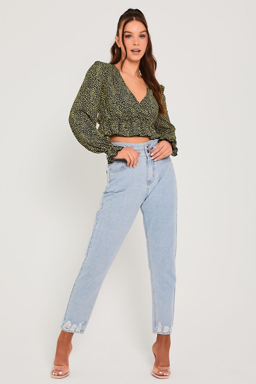 saint genies Kayleigh Neon Leopard Shirring Elastic Wrap Blouse