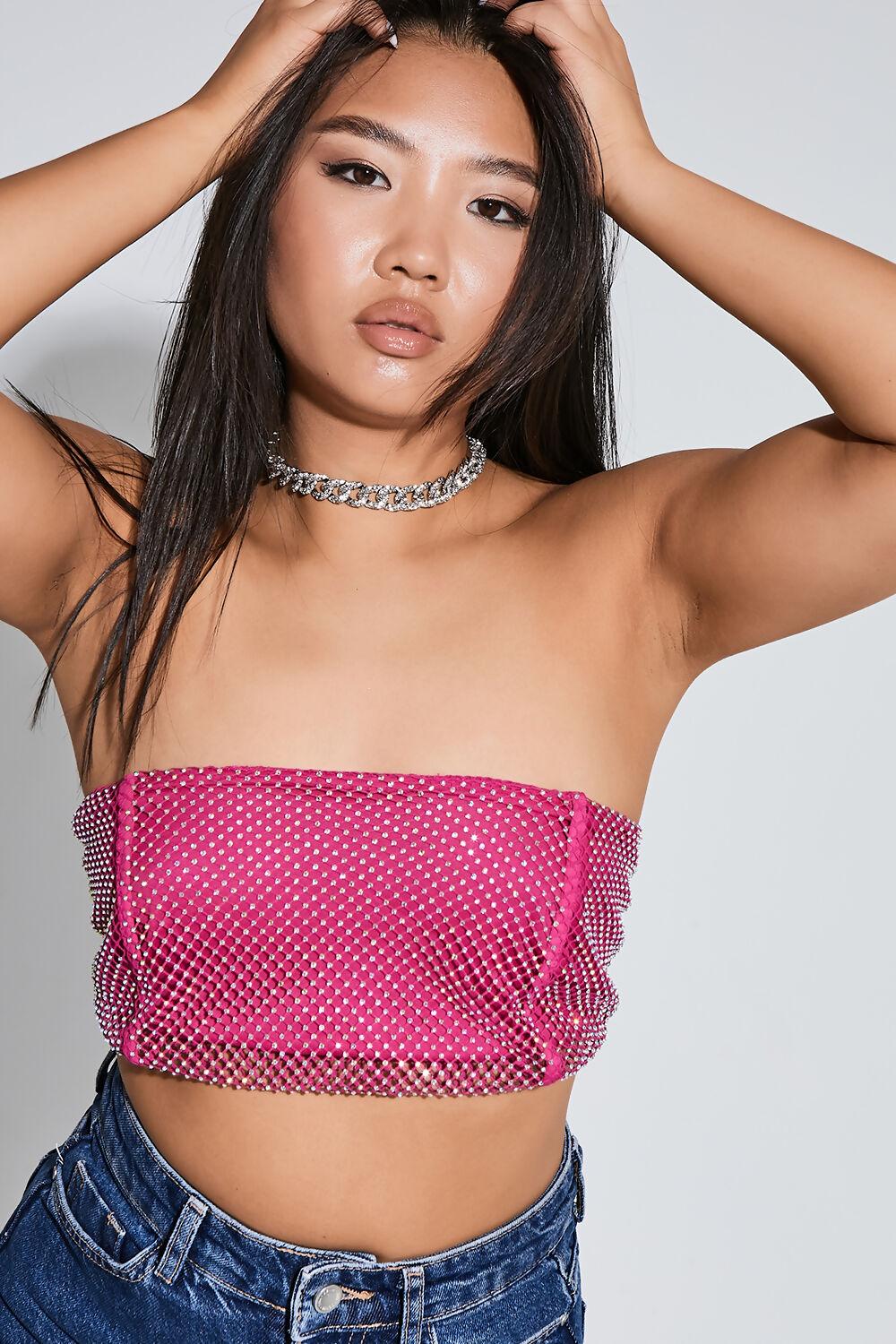 saint genies Kendall Pink Strapless Rhinestone Crop Top
