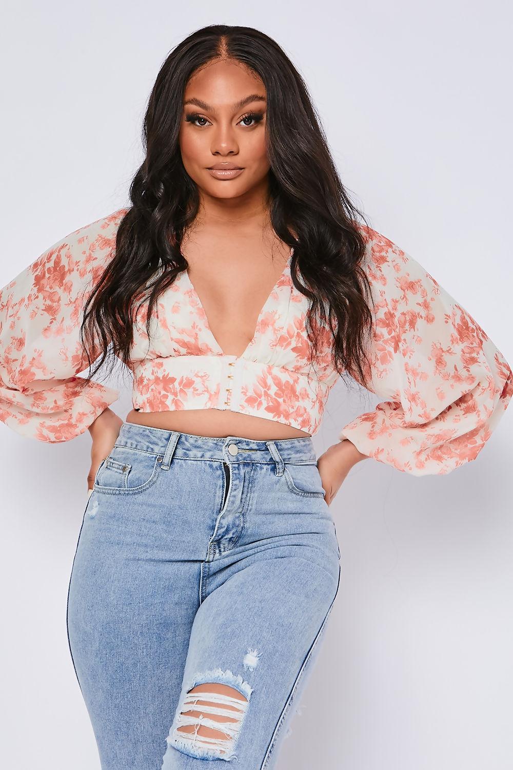 Saint Genies Kerene Cream Floral Print Balloon Sleeve Chiffon Crop Blouse