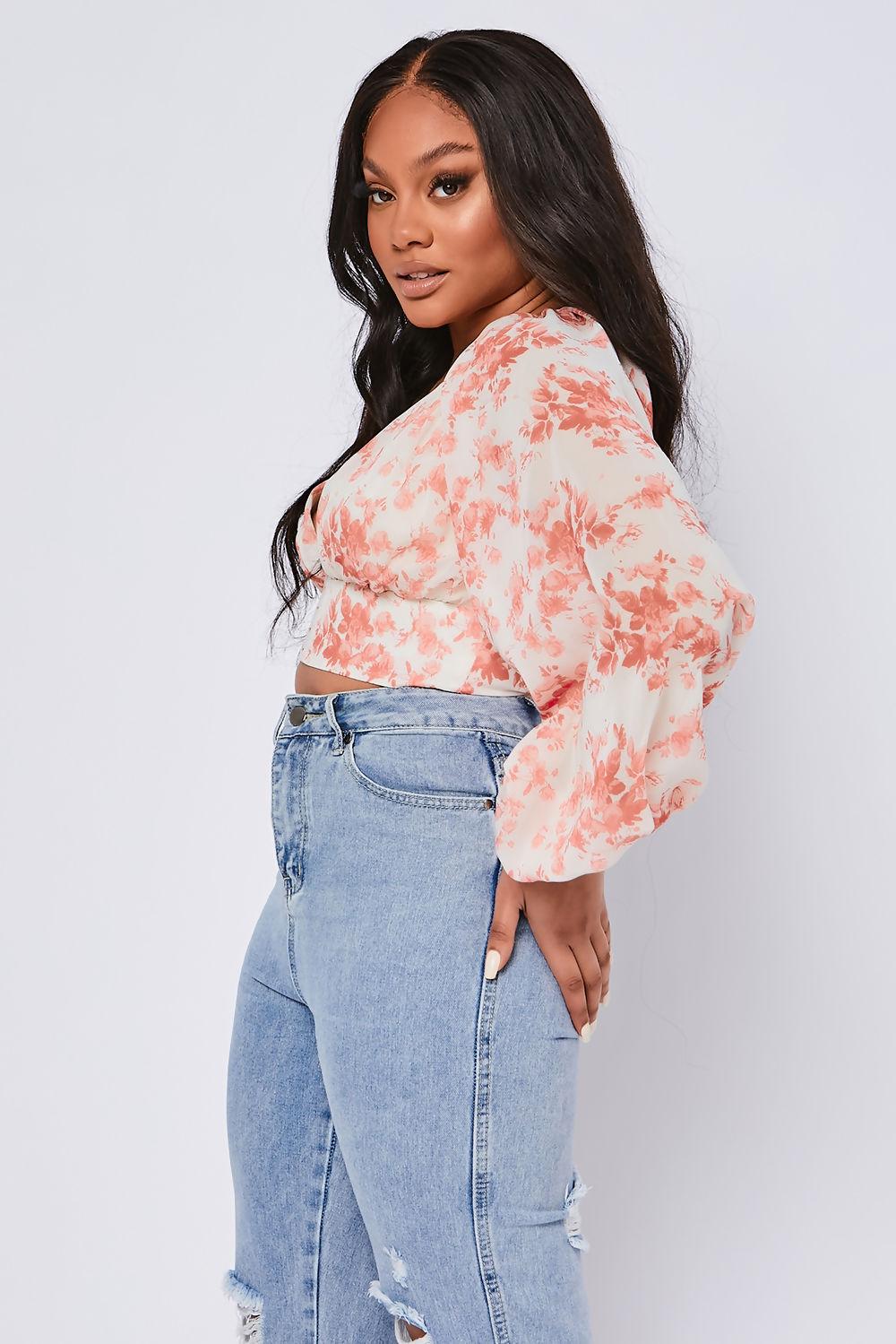 Saint Genies Kerene Cream Floral Print Balloon Sleeve Chiffon Crop Blouse