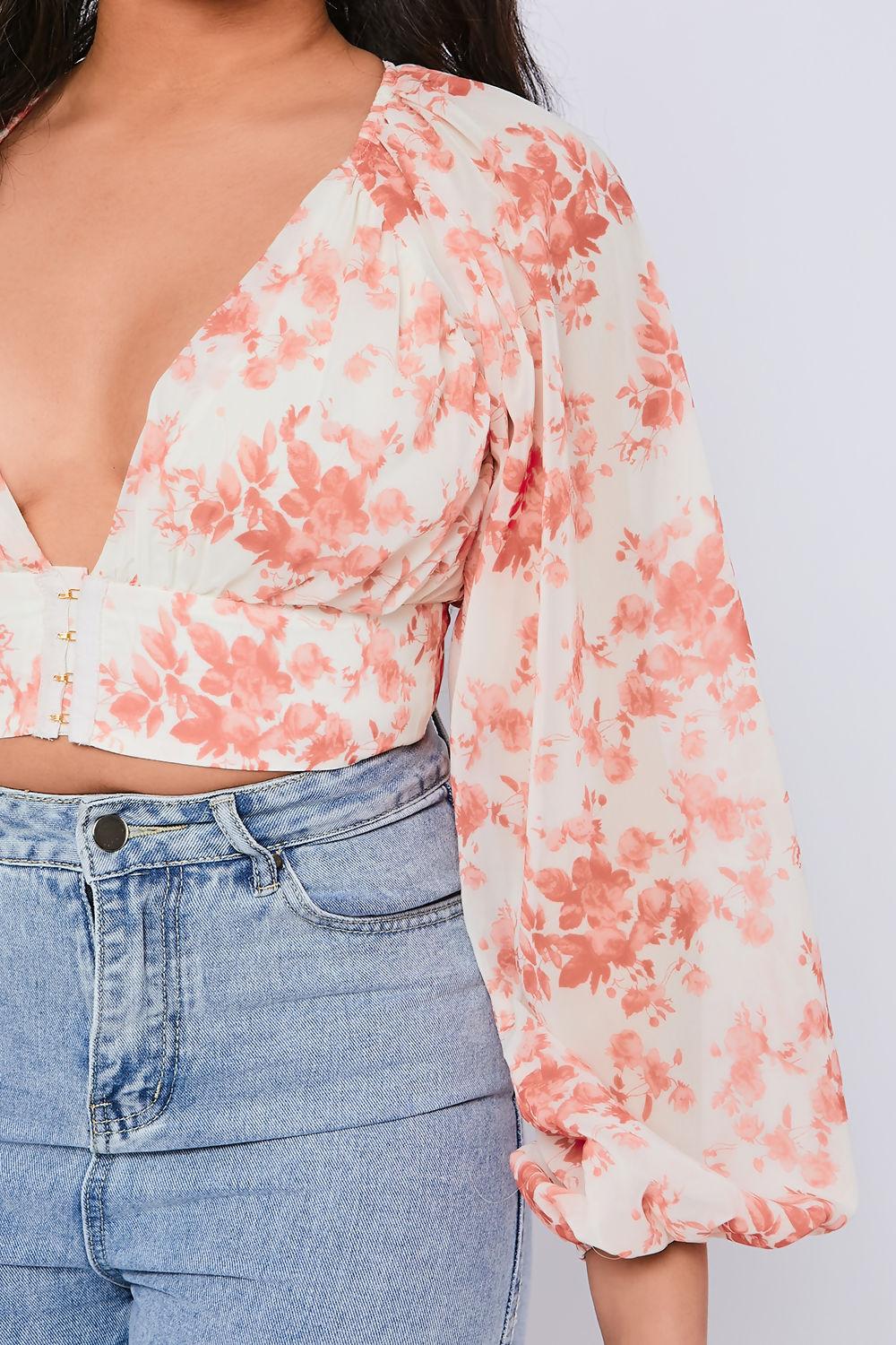 Saint Genies Kerene Cream Floral Print Balloon Sleeve Chiffon Crop Blouse