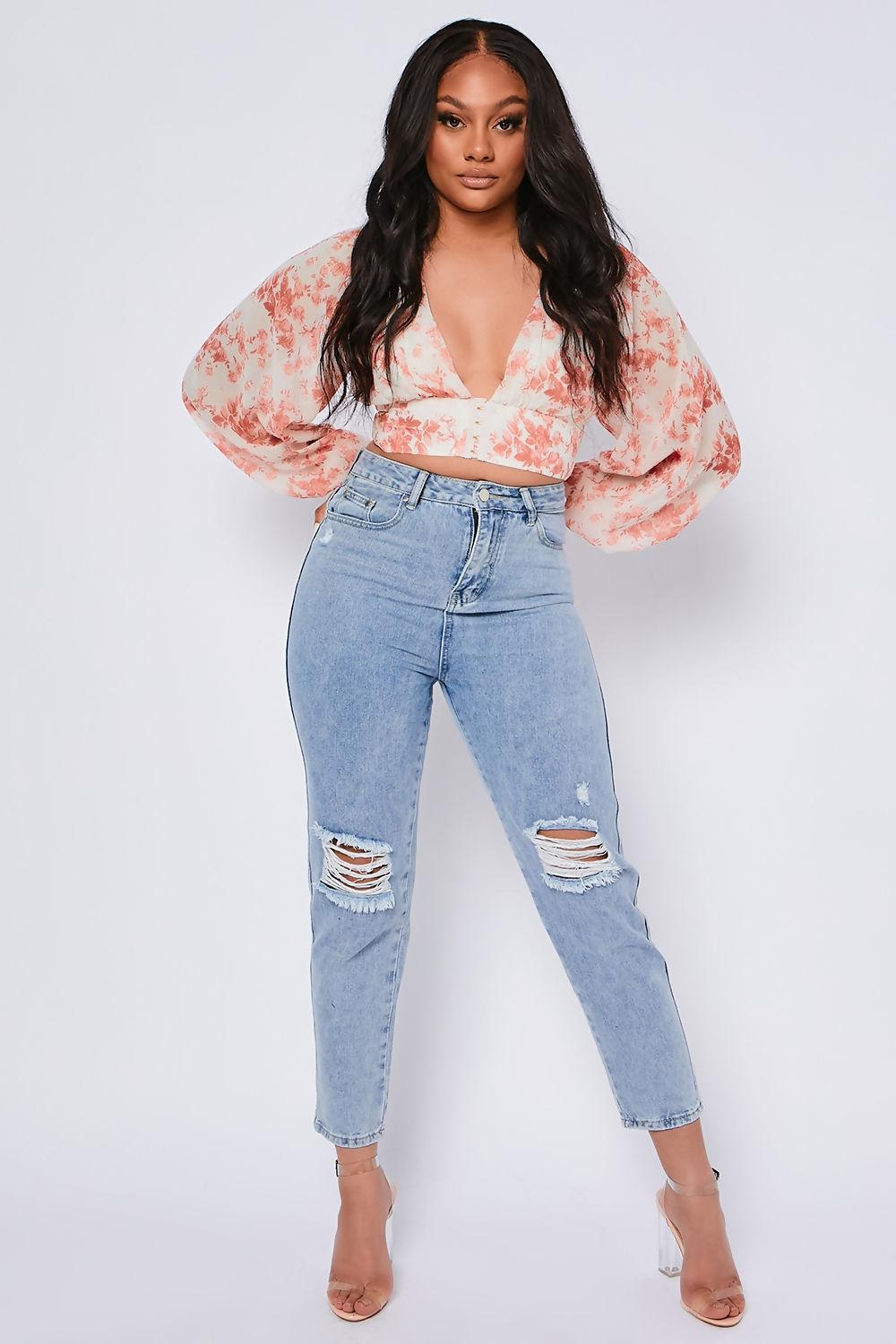 saint genies Kerene Cream Floral Print Balloon Sleeve Chiffon Crop Blouse