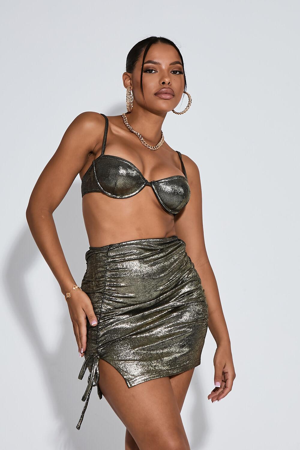 saint genies Khaleesi Gold Bra And Ruched Channel Mini Skirt