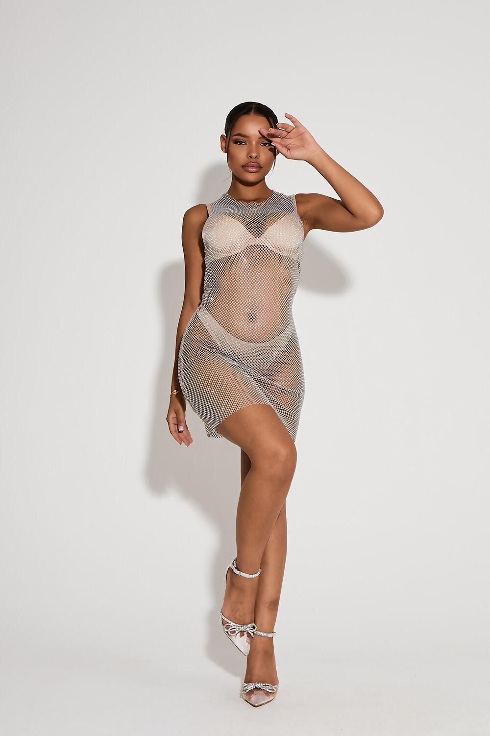 Saint Genies Kimberly Nude Diamante Mesh Sleeveless Mini Dress