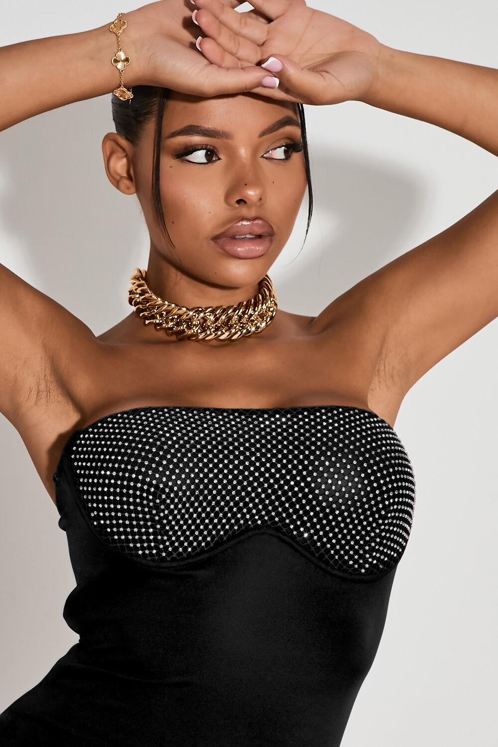 Saint Genies Koko Black Strapless Hotfix Bodycon Mini Dress