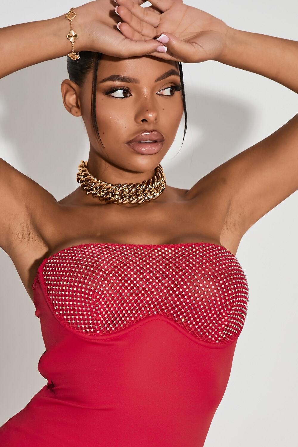 Saint Genies Koko Red Strapless Hotfix Bodycon Mini Dress