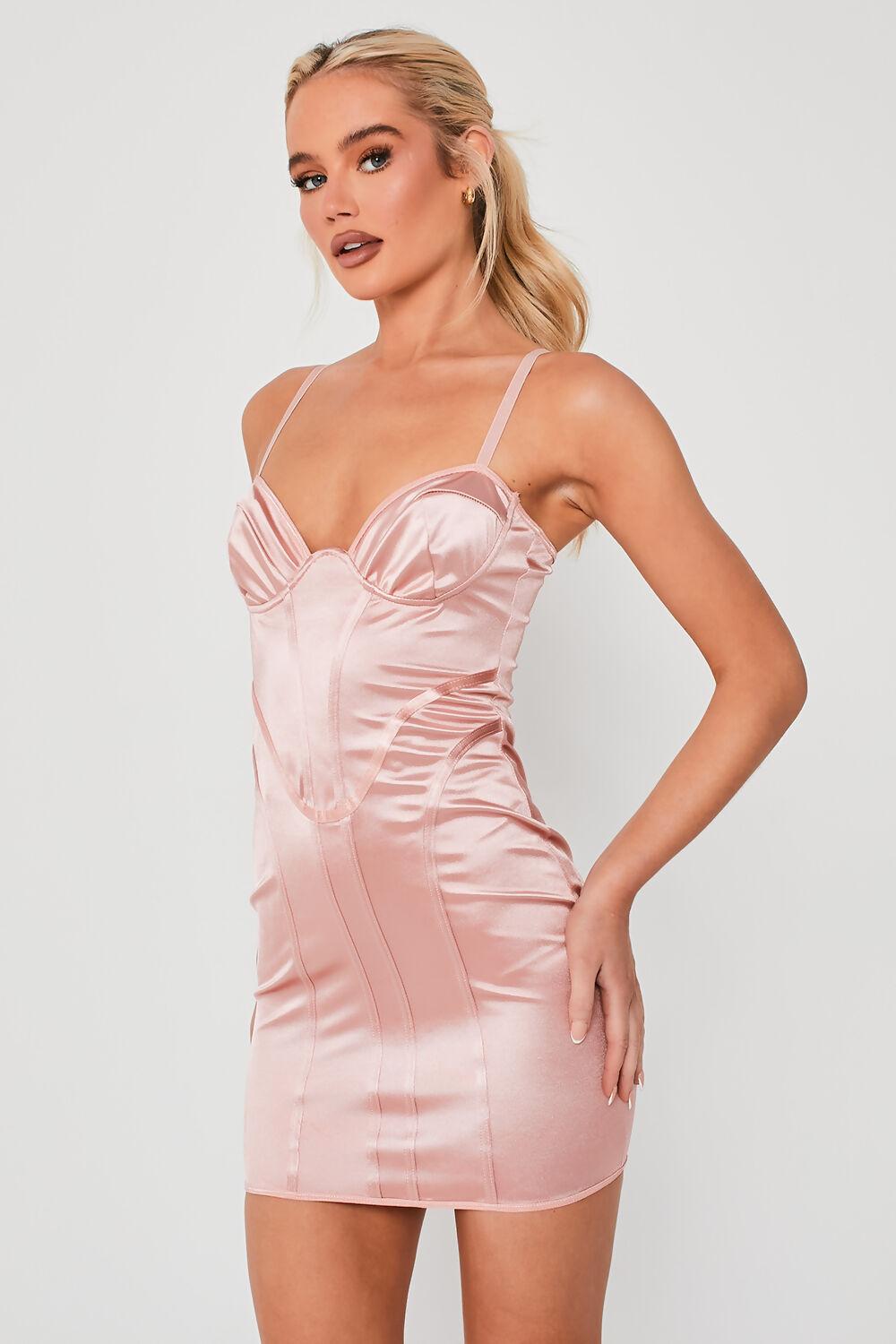 Saint Genies Kris Pink Satin Shaped Bodycon Mini Dress