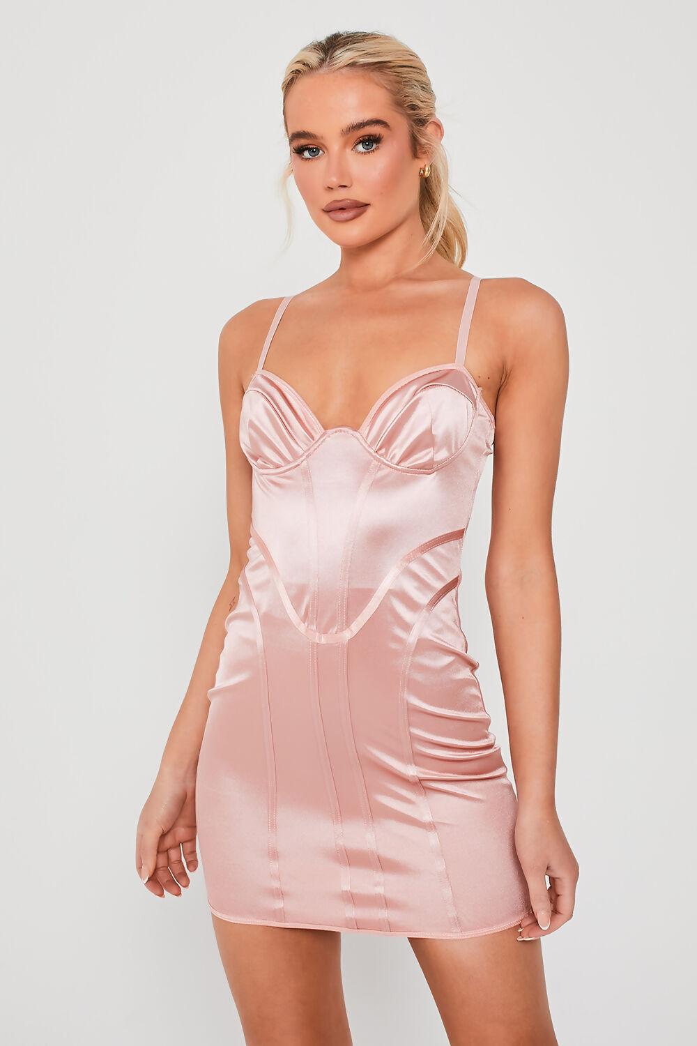 saint genies Kris Pink Satin Shaped Bodycon Mini Dress