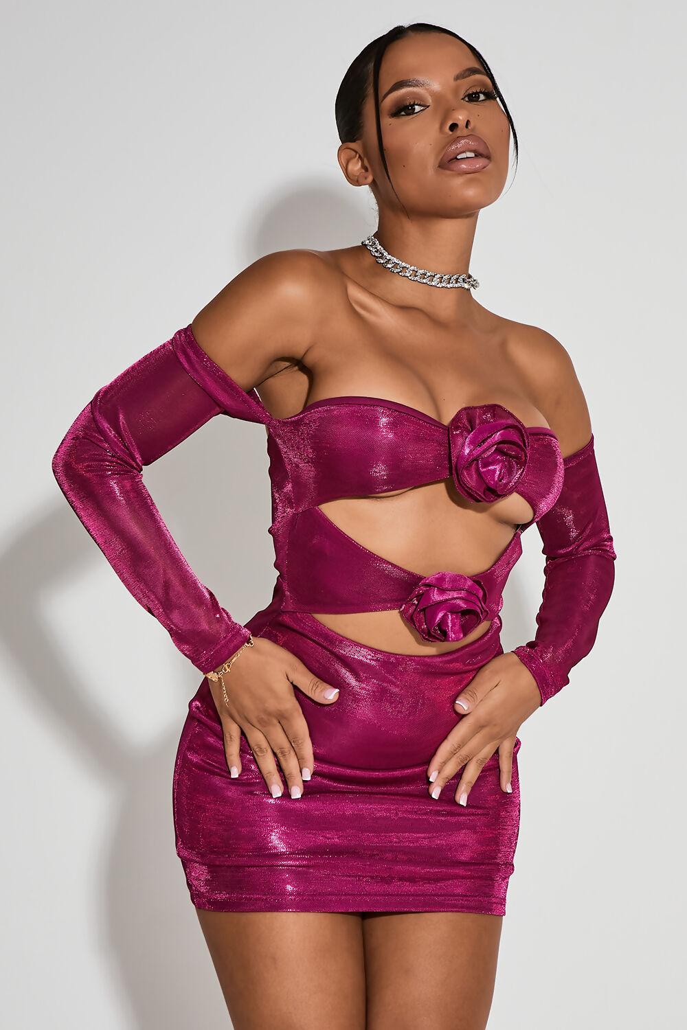 Saint Genies Kristen Pink Bardot Sleeve Cutout Floral Applique Bodycon Mini Dress