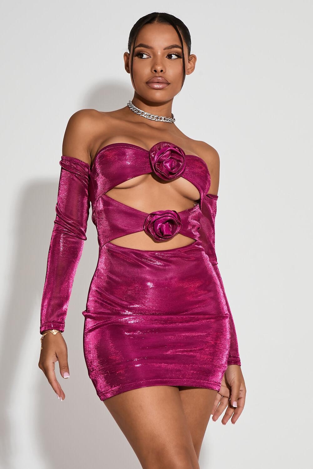 saint genies Kristen Pink Bardot Sleeve Cutout Floral Applique Bodycon Mini Dress