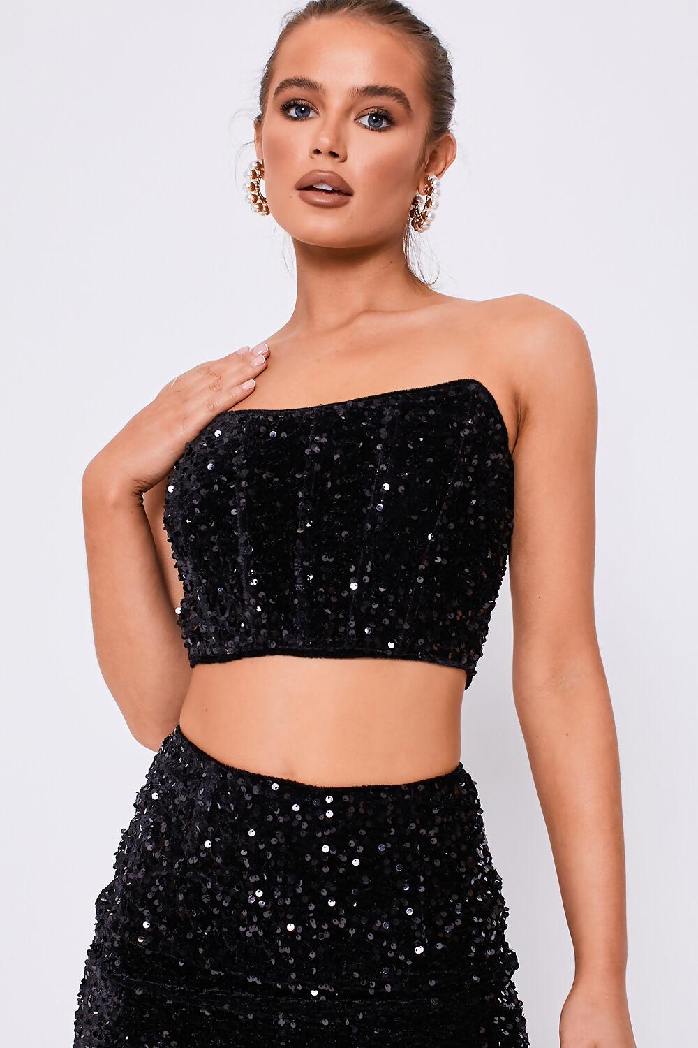 Saint Genies Kylie Black Sequin Corset Top & Mini Skirt Co-Ord