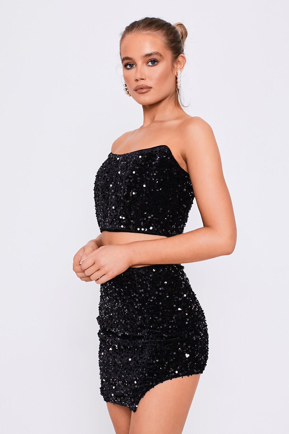 Saint Genies Kylie Black Sequin Corset Top & Mini Skirt Co-Ord