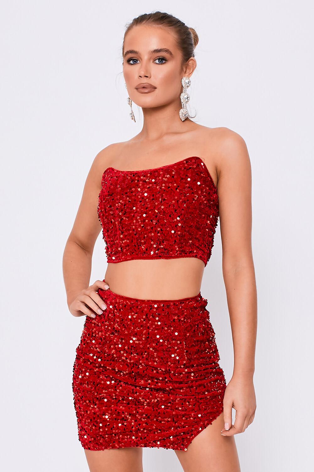 Saint Genies Kylie Red Sequin Corset Top & Mini Skirt Co-Ord