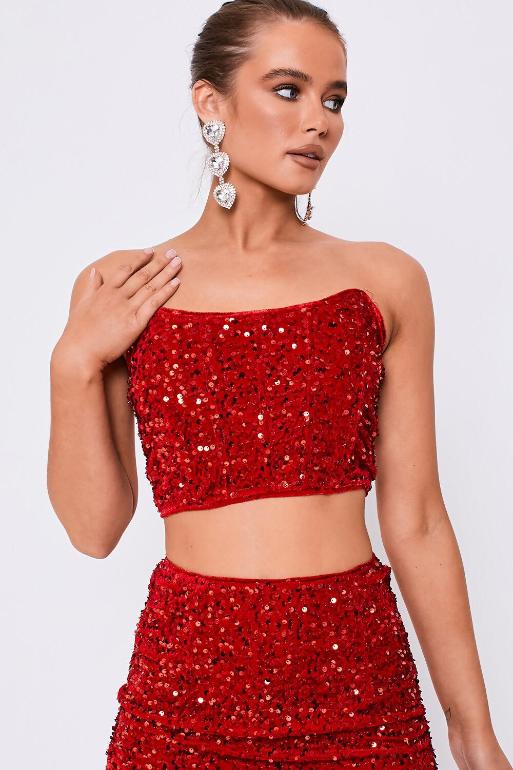Saint Genies Kylie Red Sequin Corset Top & Mini Skirt Co-Ord