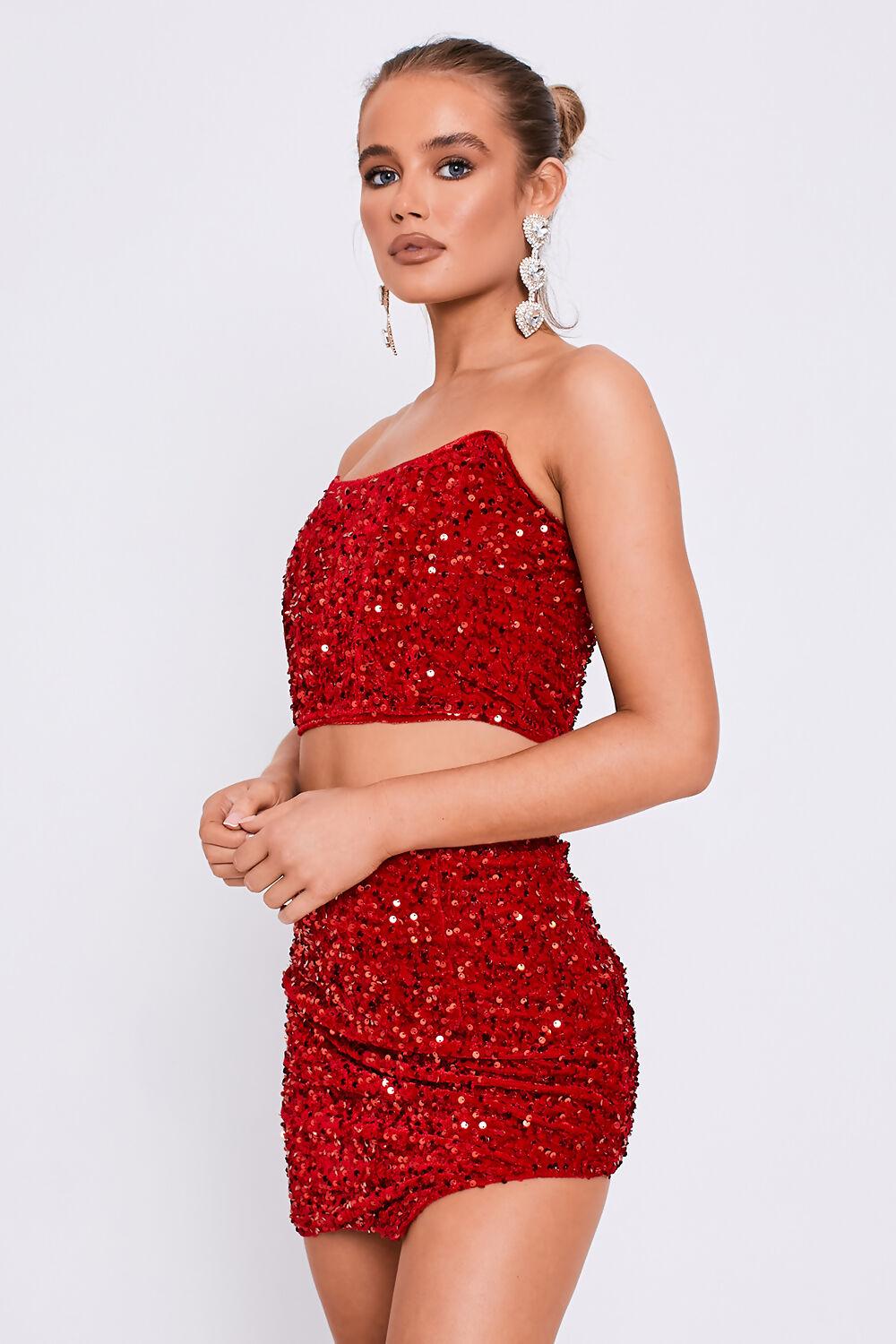 Saint Genies Kylie Red Sequin Corset Top & Mini Skirt Co-Ord