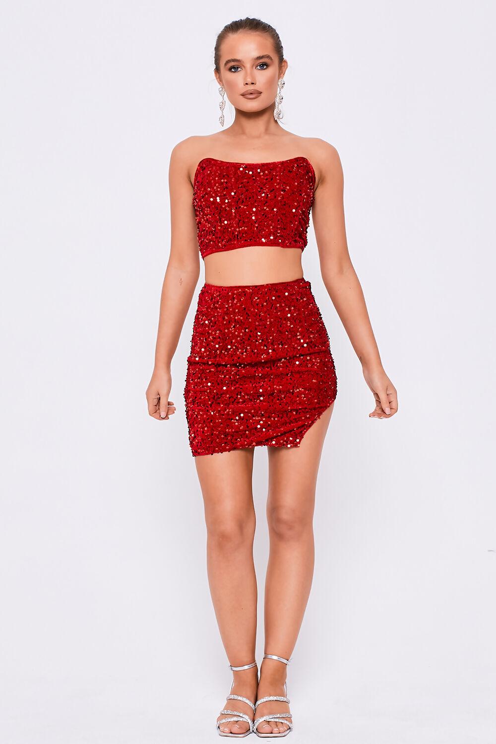 saint genies Kylie Red Sequin Corset Top & Mini Skirt Co-Ord