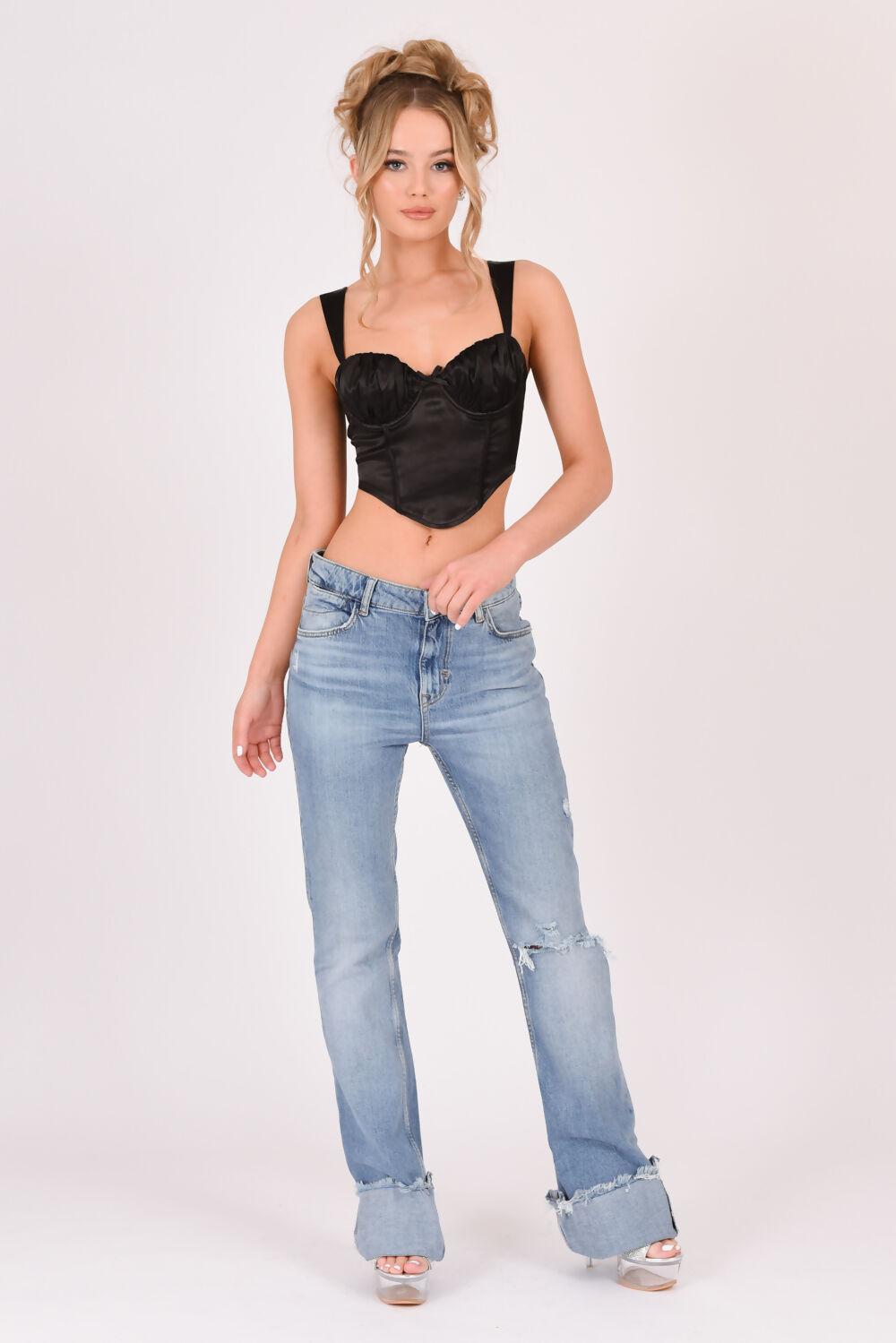 Saint Genies Layla Black Satin Lace Up Back Crop Top