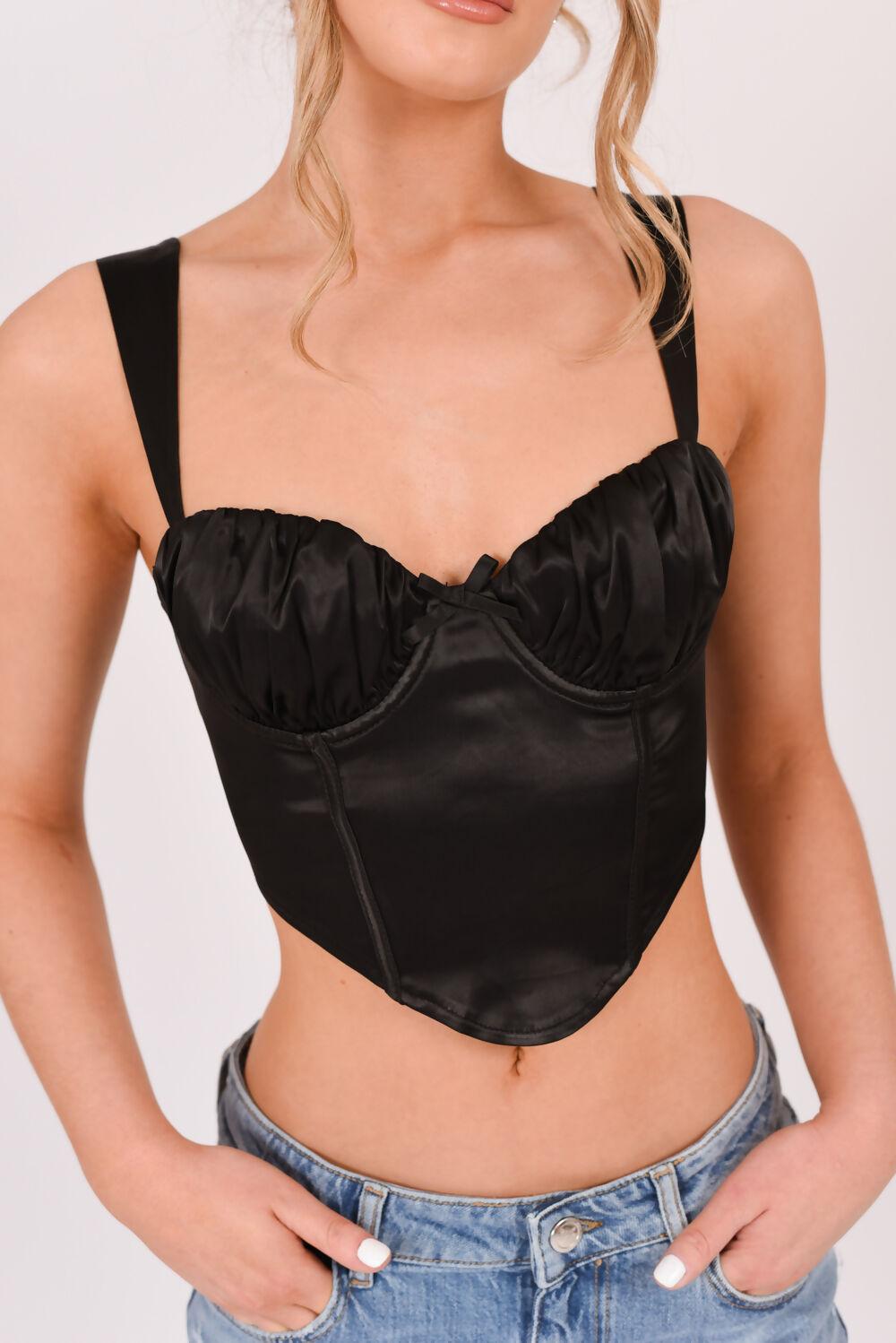 Saint Genies Layla Black Satin Lace Up Back Crop Top