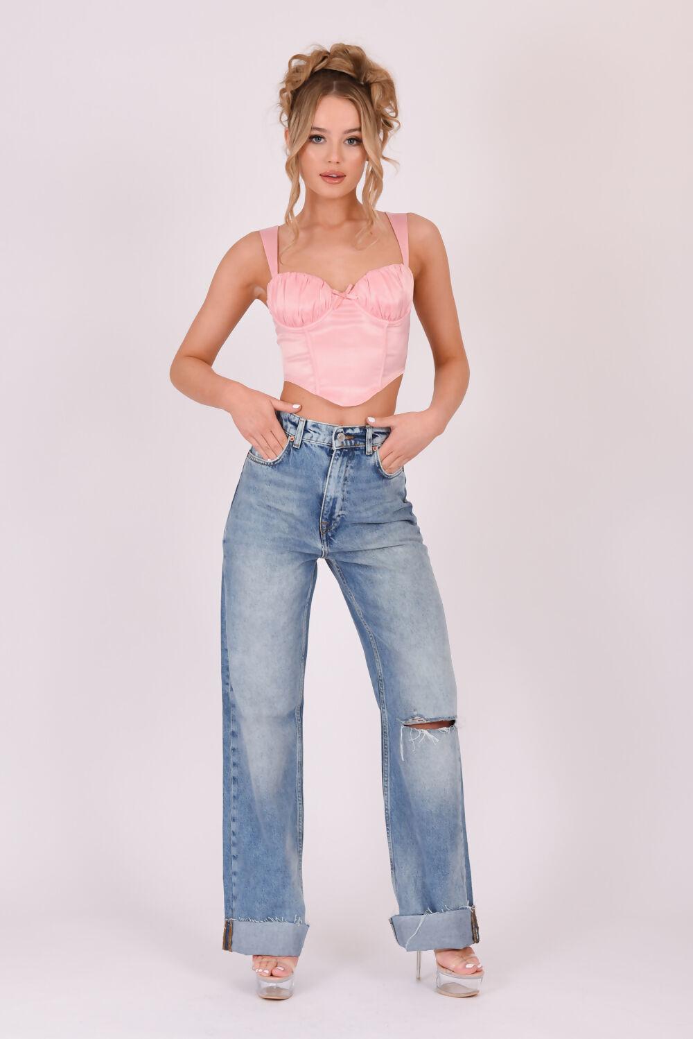 Saint Genies Layla Pink Satin Lace Up Back Crop Top