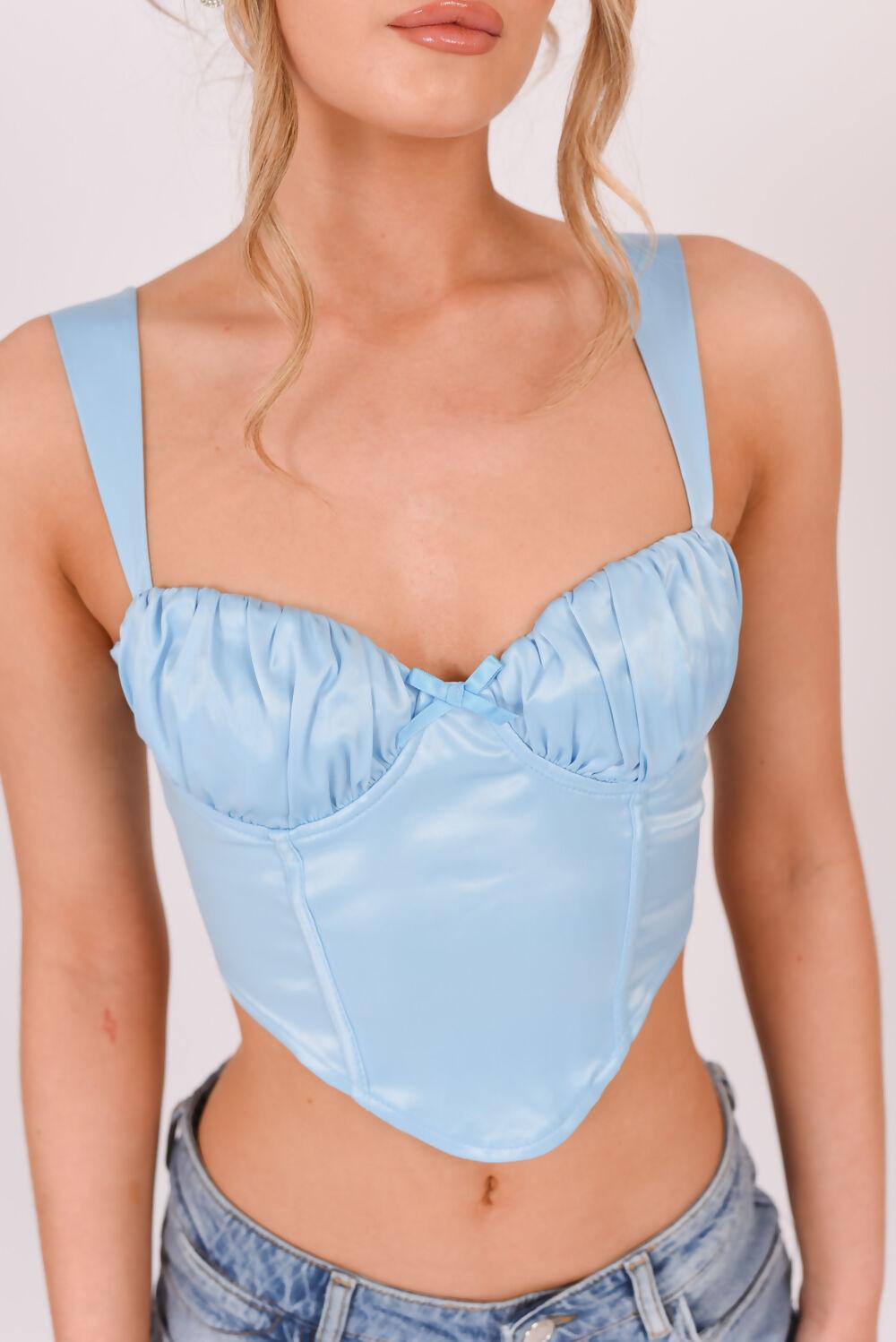 Saint Genies Layla Powder Blue Satin Lace Up Back Crop Top