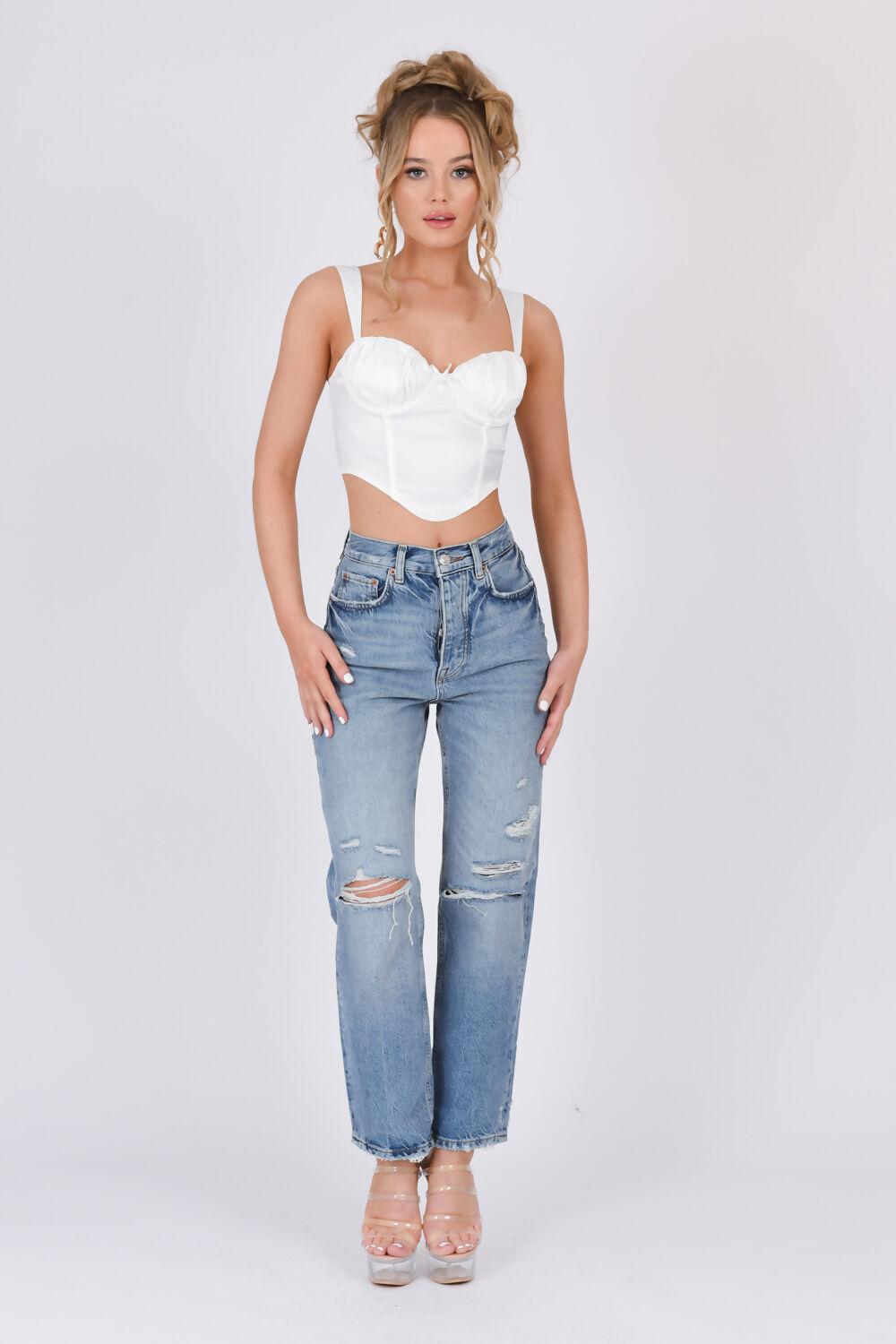 Saint Genies Layla White Satin Lace Up Back Crop Top