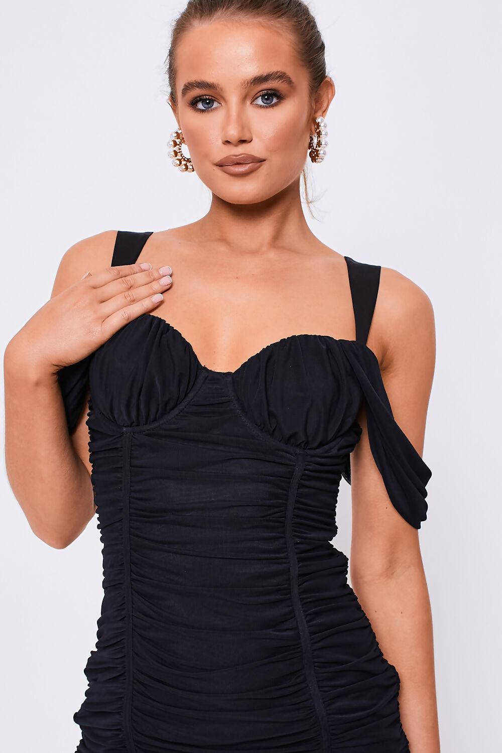 Saint Genies Leah Black Ruched Mesh Off The Shoulder Mini Dress