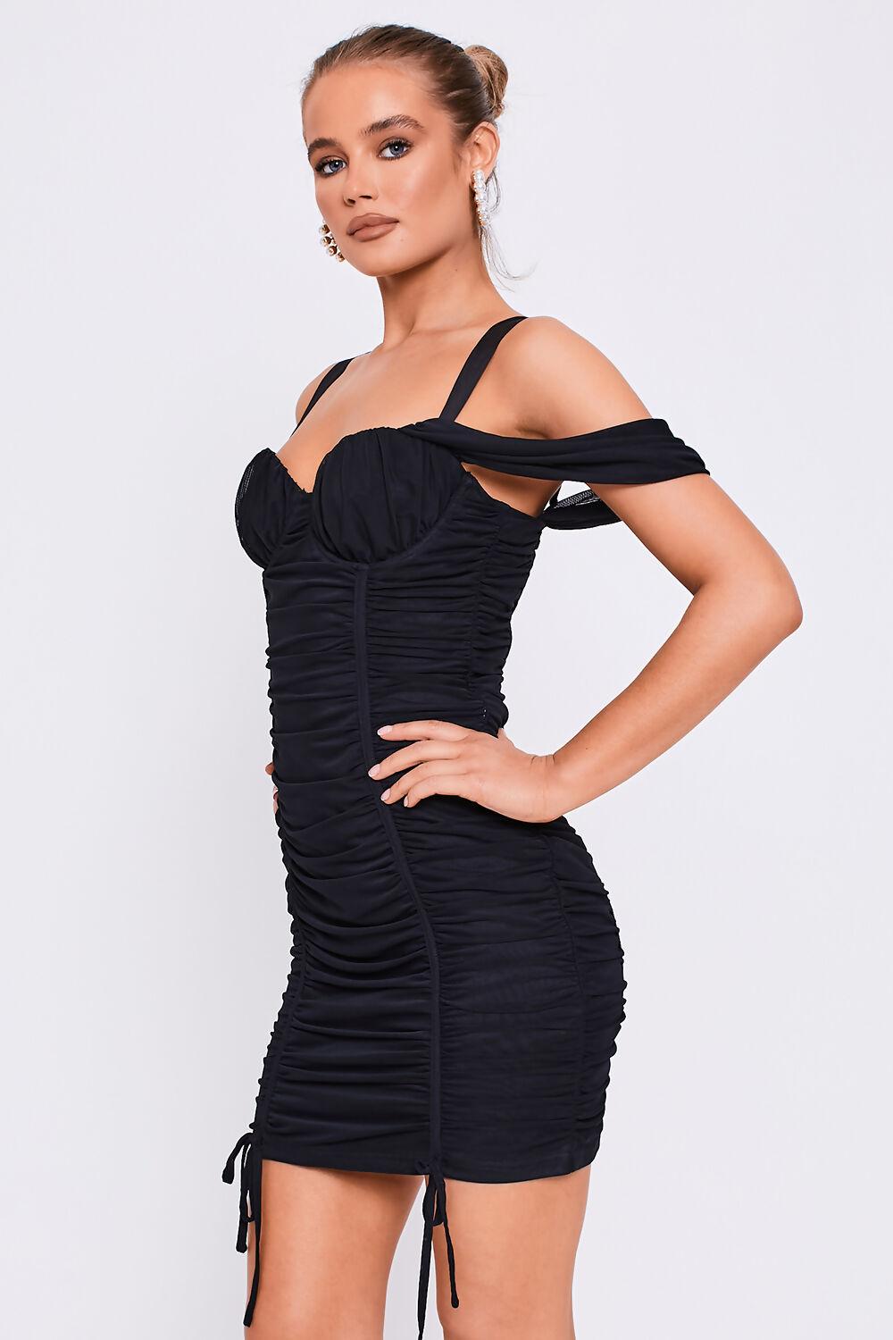 Saint Genies Leah Black Ruched Mesh Off The Shoulder Mini Dress