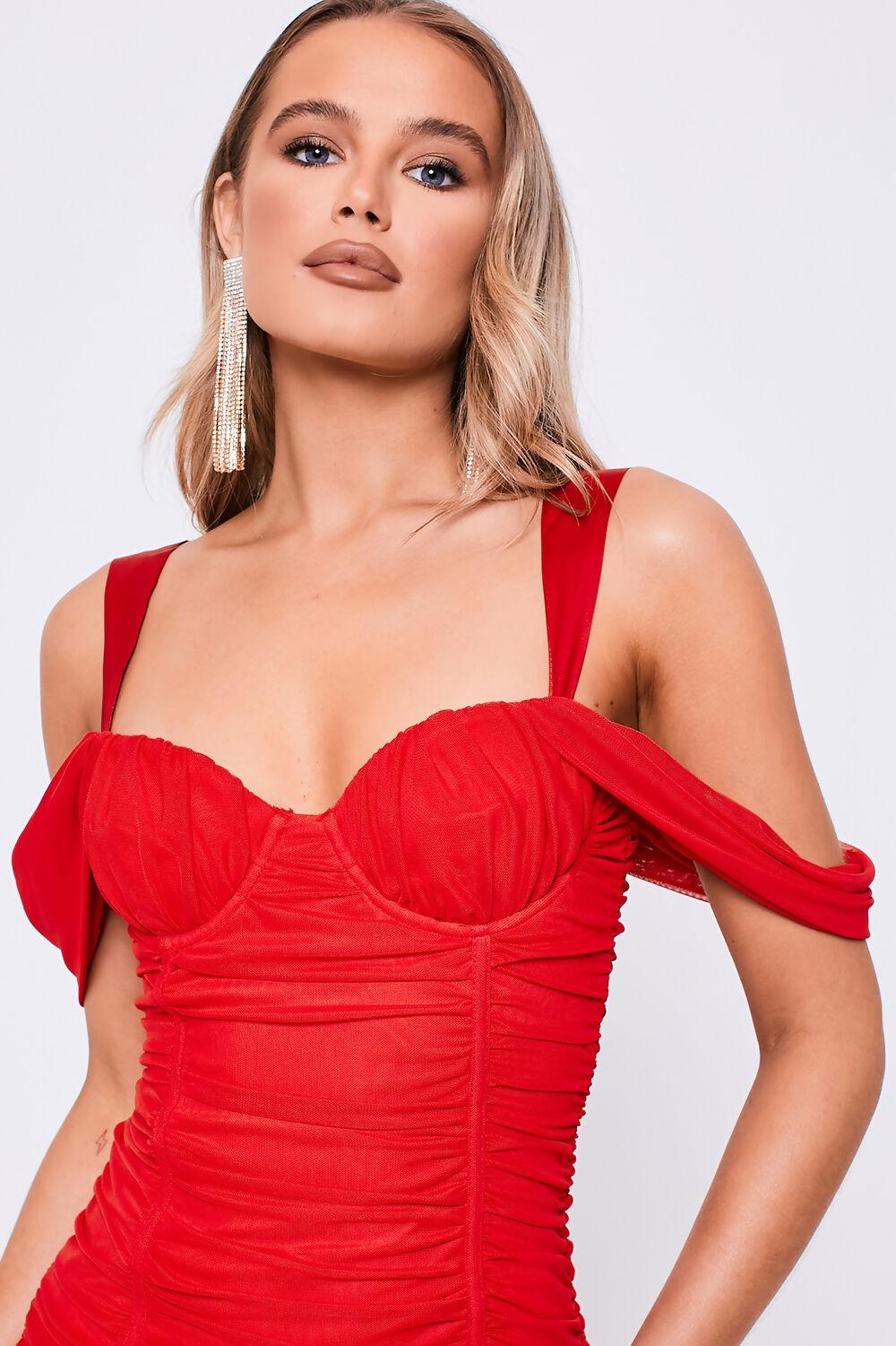 Saint Genies Leah Red Ruched Mesh Off The Shoulder Mini Dress