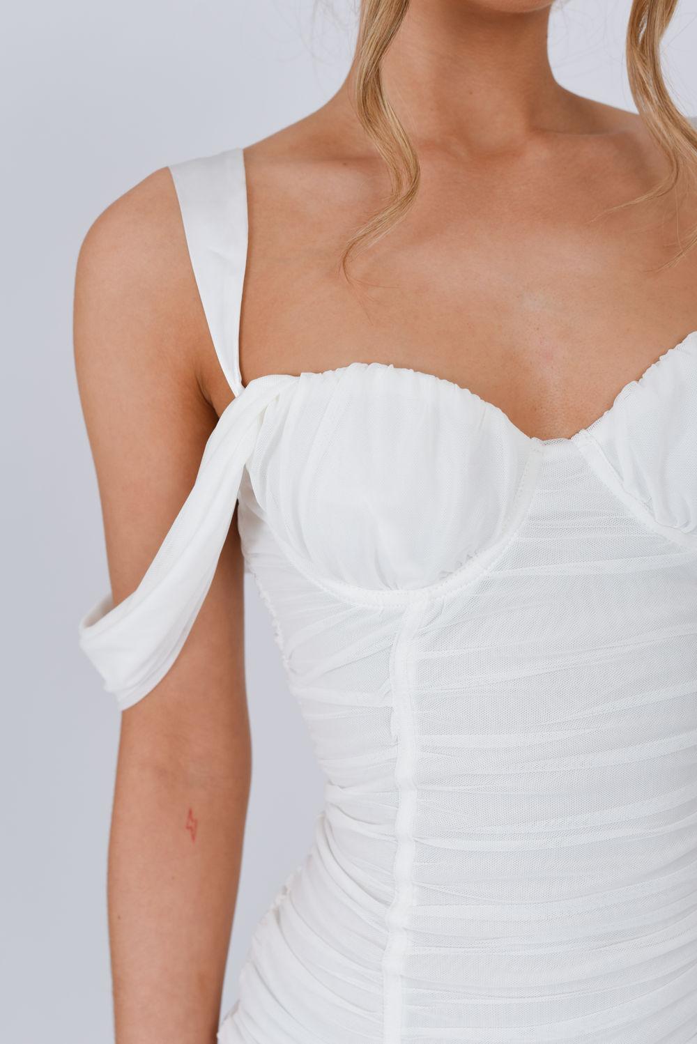 Saint Genies Leah White Ruched Mesh Off The Shoulder Mini Dress