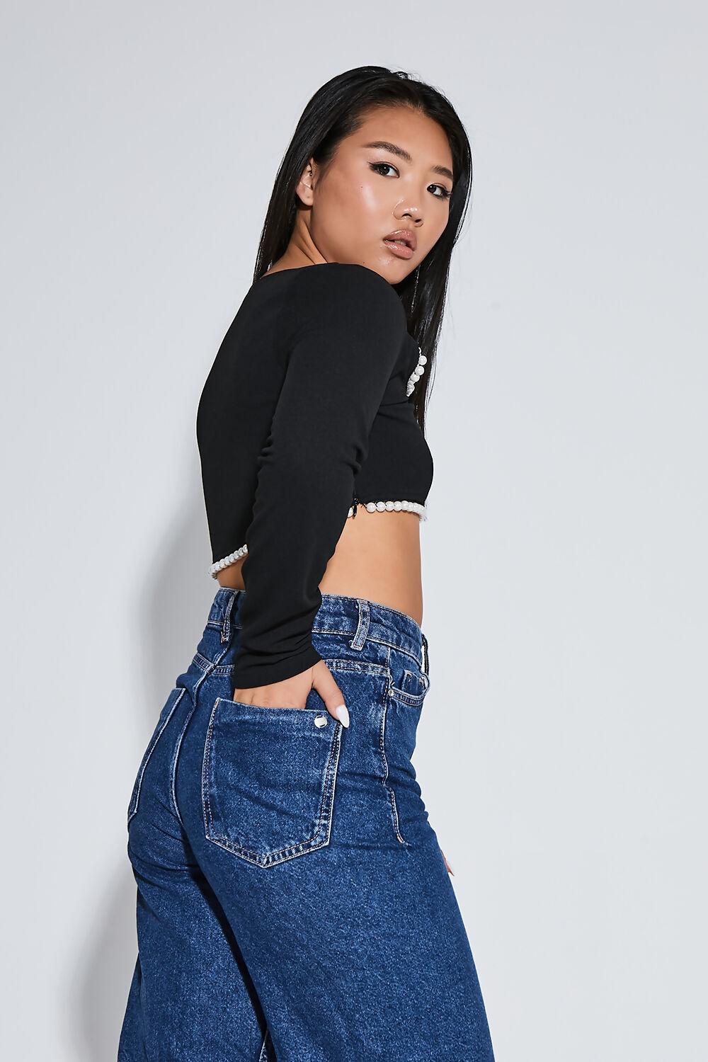 Saint Genies Leanne Black Long Sleeve Pearl Trim Square Neck Crop Top